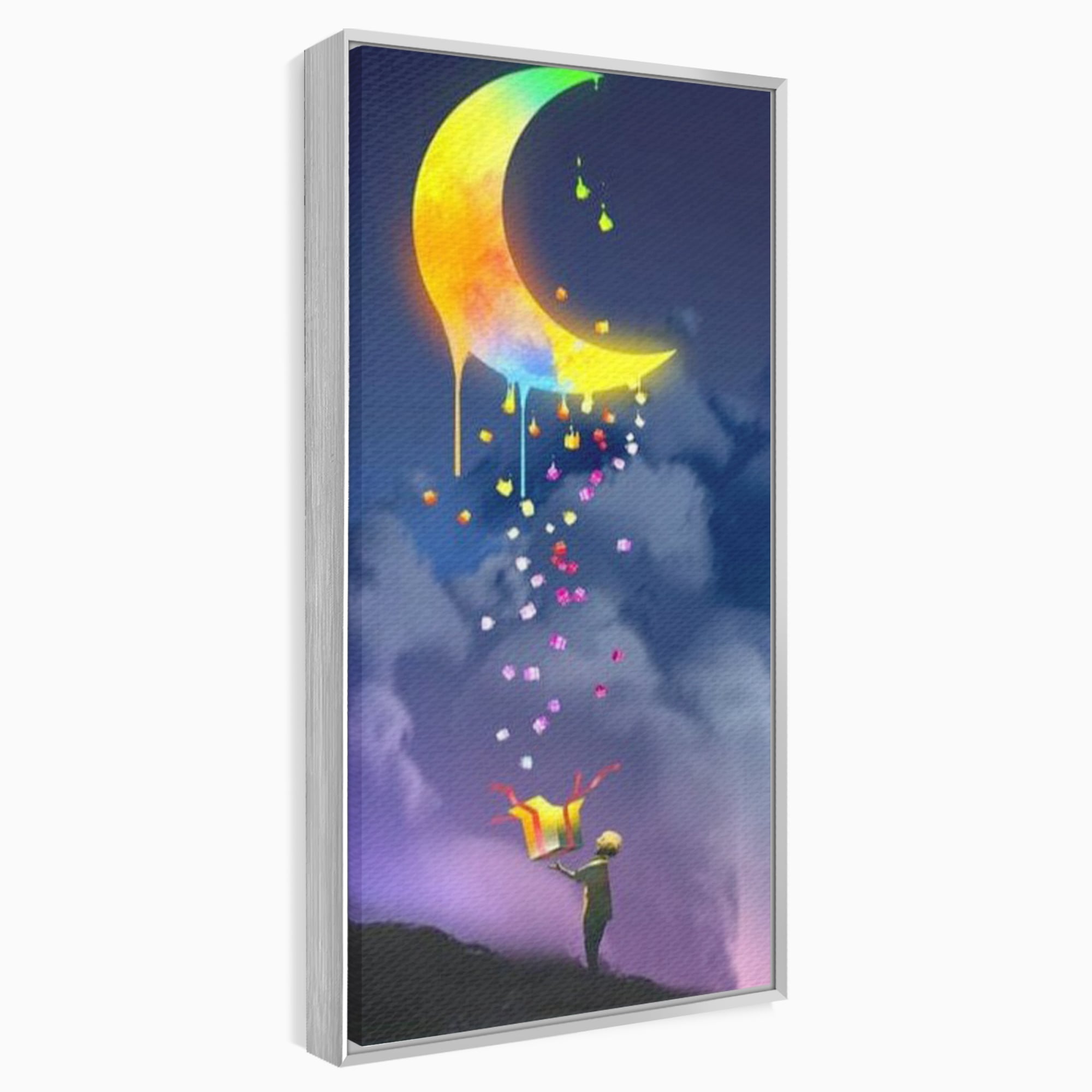 Tablou Canvas Premium, LuxCanva® K1001, Luna Care Daruieste, Curcubeu, Cer, Magie, Cutie, Copil, Ploaie, Stele, Noapte, Daruire, Stelar, Vis, Imaginatie, Camera Copii
