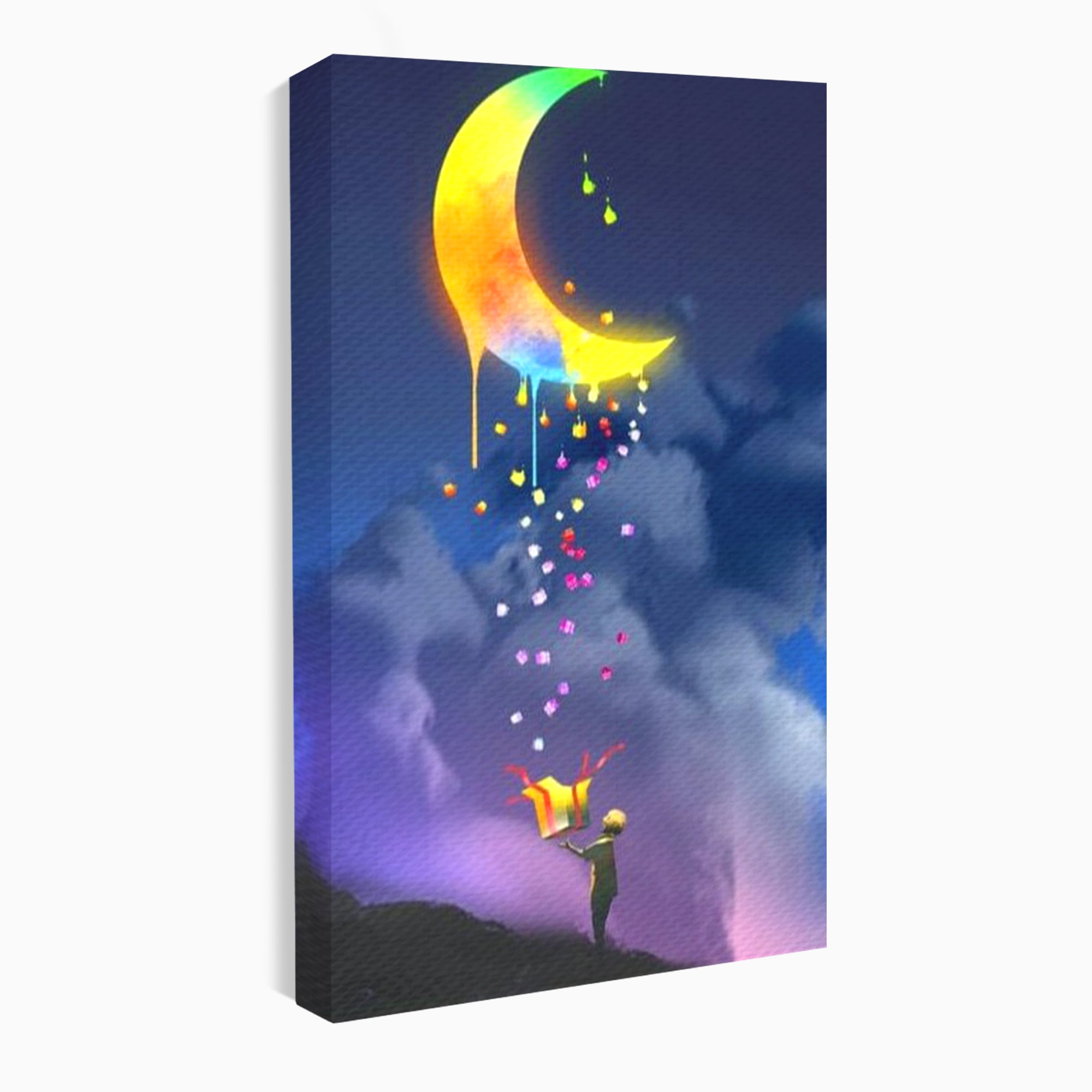 Tablou Canvas Premium, LuxCanva® K1001, Luna Care Daruieste, Curcubeu, Cer, Magie, Cutie, Copil, Ploaie, Stele, Noapte, Daruire, Stelar, Vis, Imaginatie, Camera Copii