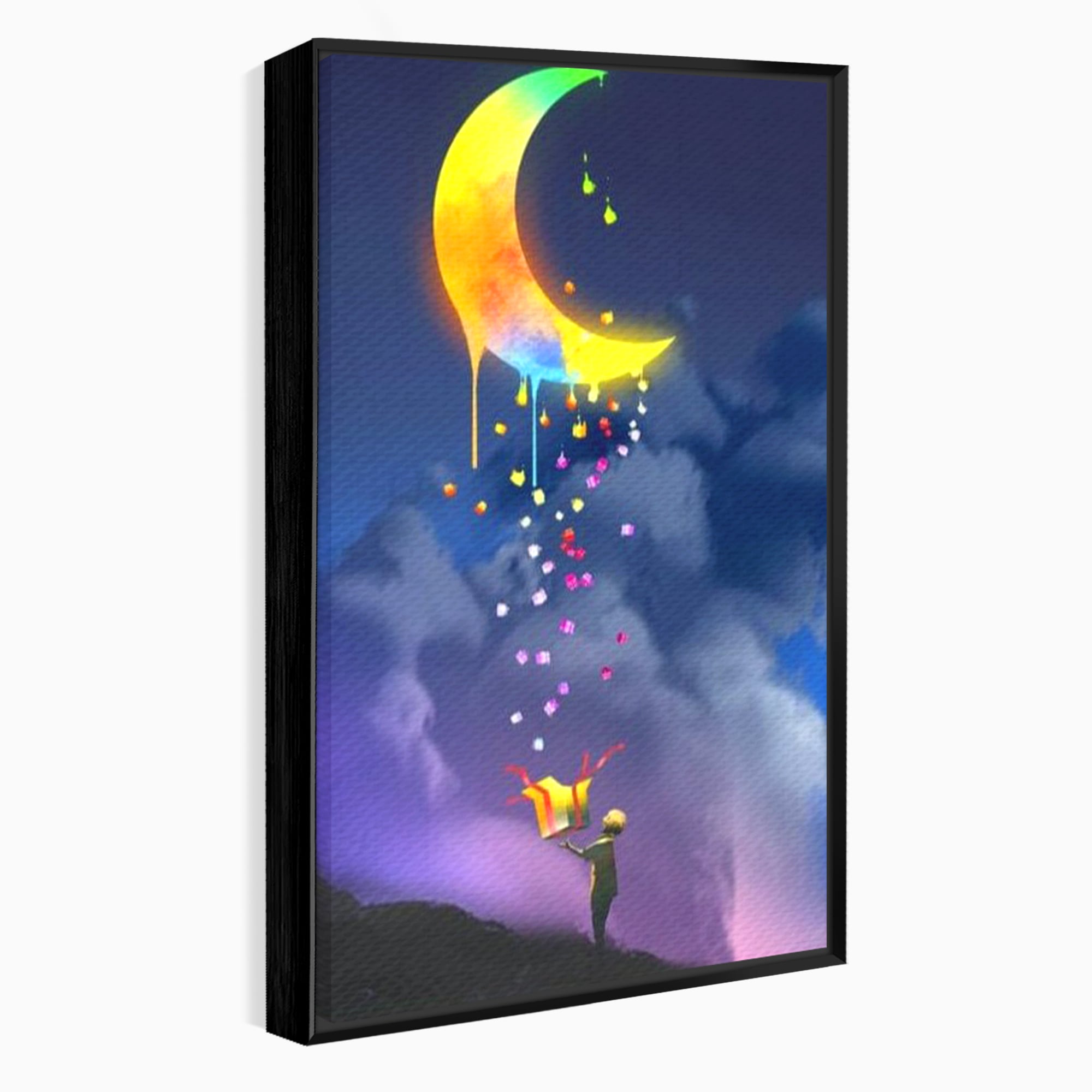 Tablou Canvas Premium, LuxCanva® K1001, Luna Care Daruieste, Curcubeu, Cer, Magie, Cutie, Copil, Ploaie, Stele, Noapte, Daruire, Stelar, Vis, Imaginatie, Camera Copii