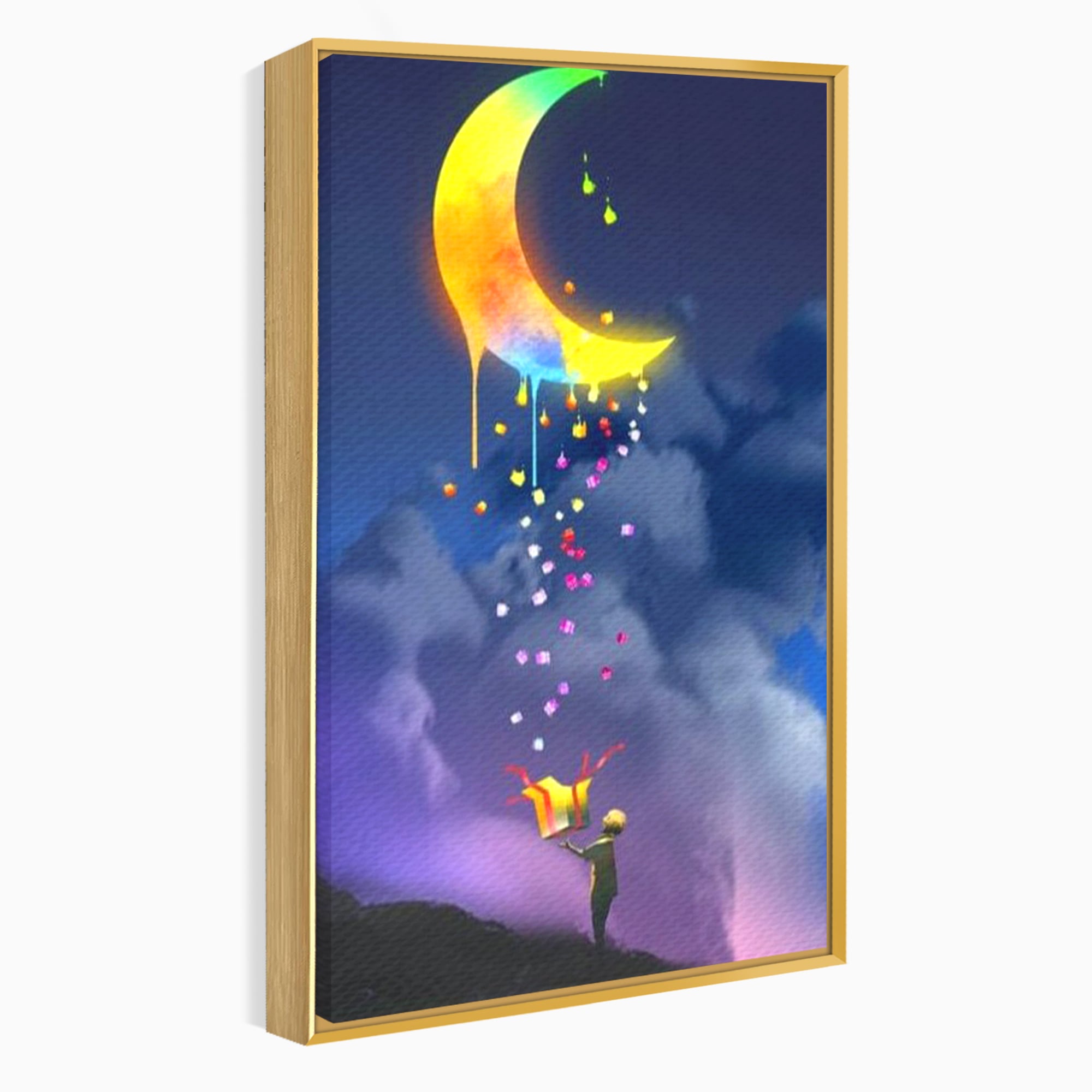 Tablou Canvas Premium, LuxCanva® K1001, Luna Care Daruieste, Curcubeu, Cer, Magie, Cutie, Copil, Ploaie, Stele, Noapte, Daruire, Stelar, Vis, Imaginatie, Camera Copii