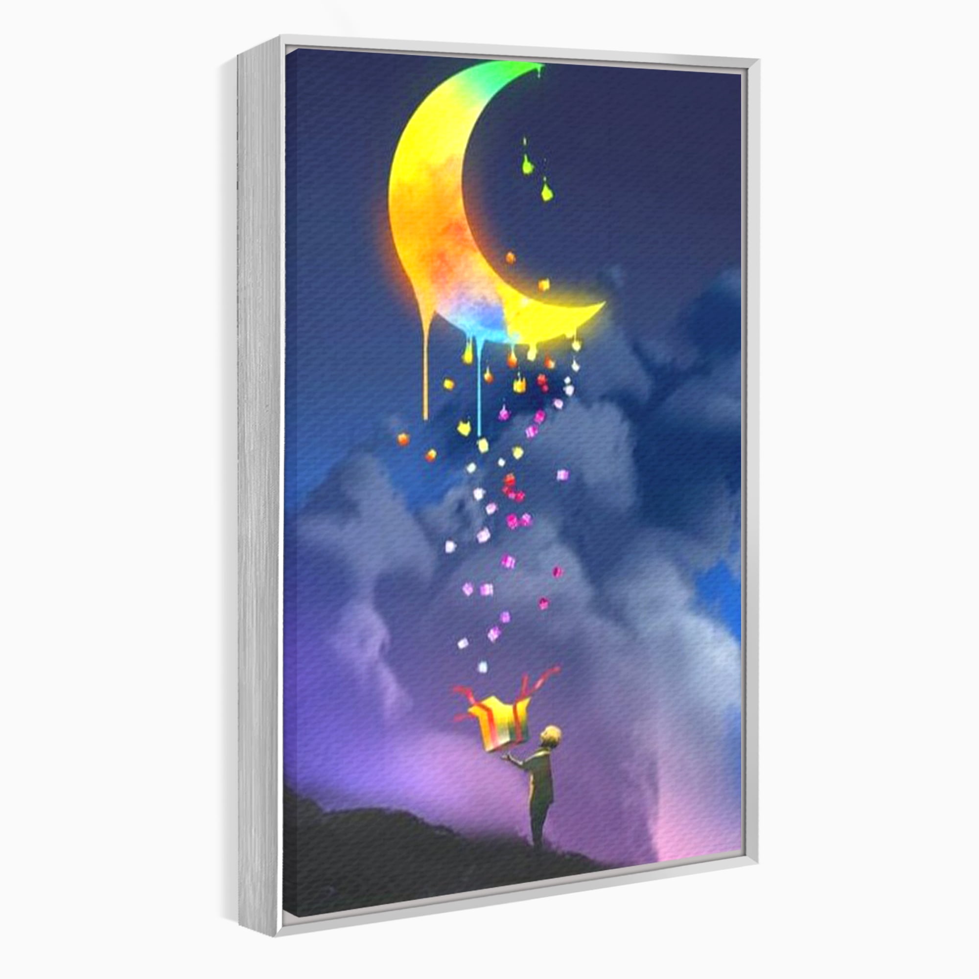 Tablou Canvas Premium, LuxCanva® K1001, Luna Care Daruieste, Curcubeu, Cer, Magie, Cutie, Copil, Ploaie, Stele, Noapte, Daruire, Stelar, Vis, Imaginatie, Camera Copii