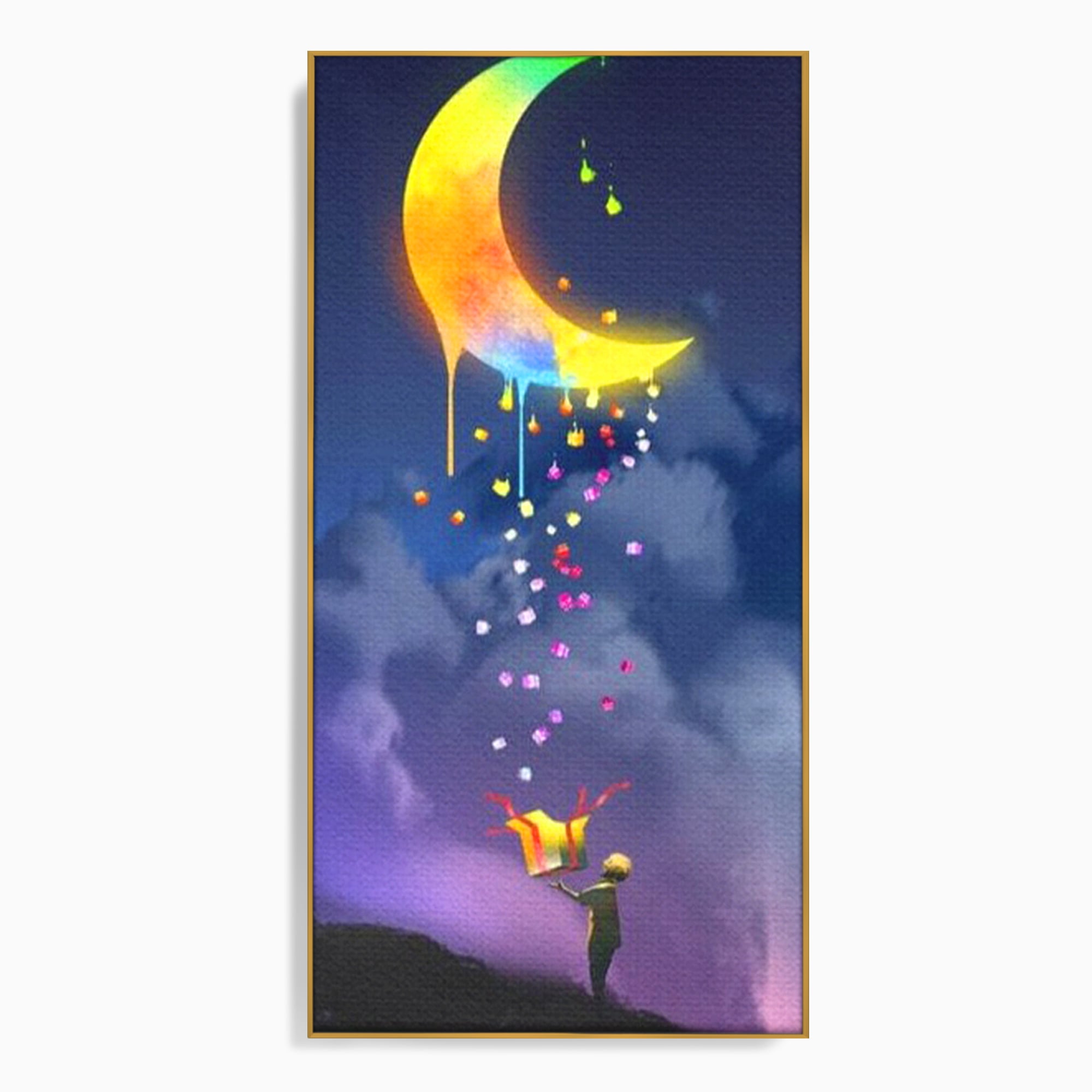 Tablou Canvas Premium, LuxCanva® K1001, Luna Care Daruieste, Curcubeu, Cer, Magie, Cutie, Copil, Ploaie, Stele, Noapte, Daruire, Stelar, Vis, Imaginatie, Camera Copii