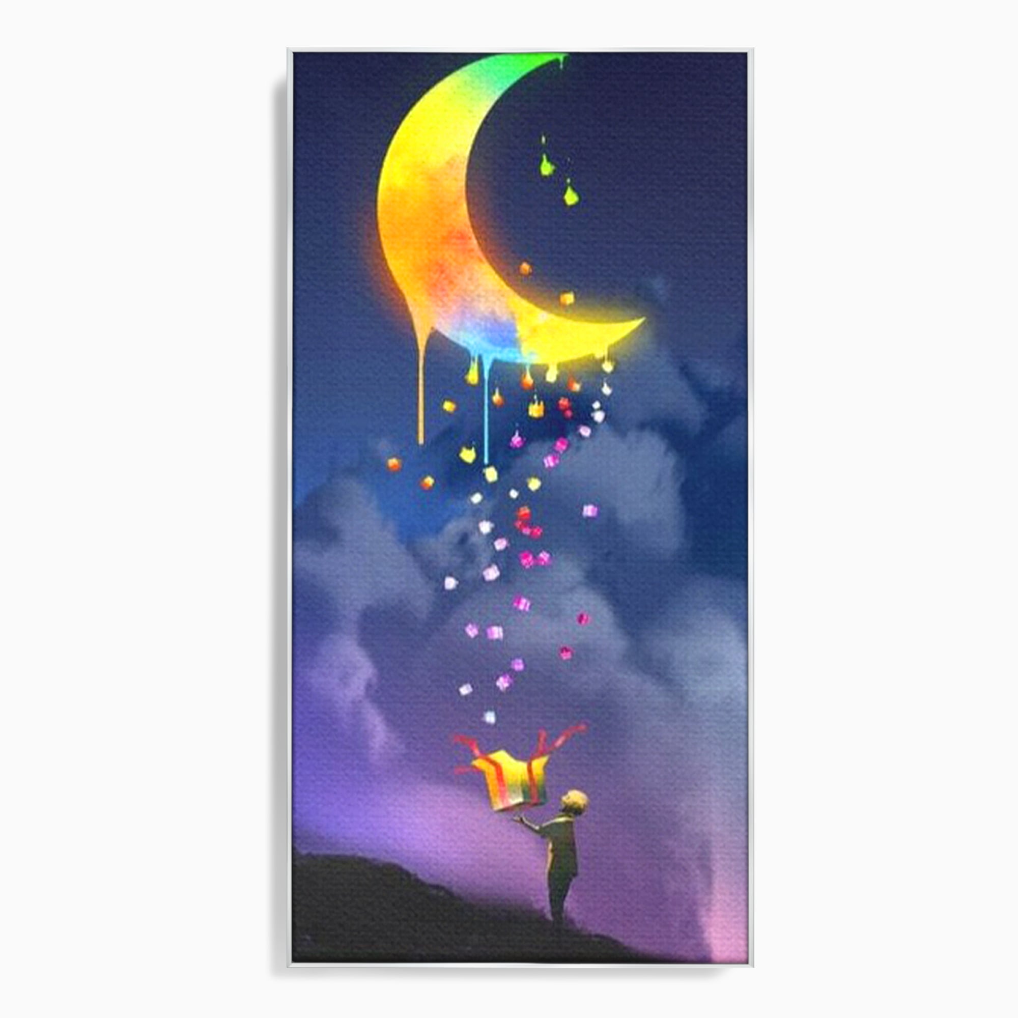 Tablou Canvas Premium, LuxCanva® K1001, Luna Care Daruieste, Curcubeu, Cer, Magie, Cutie, Copil, Ploaie, Stele, Noapte, Daruire, Stelar, Vis, Imaginatie, Camera Copii