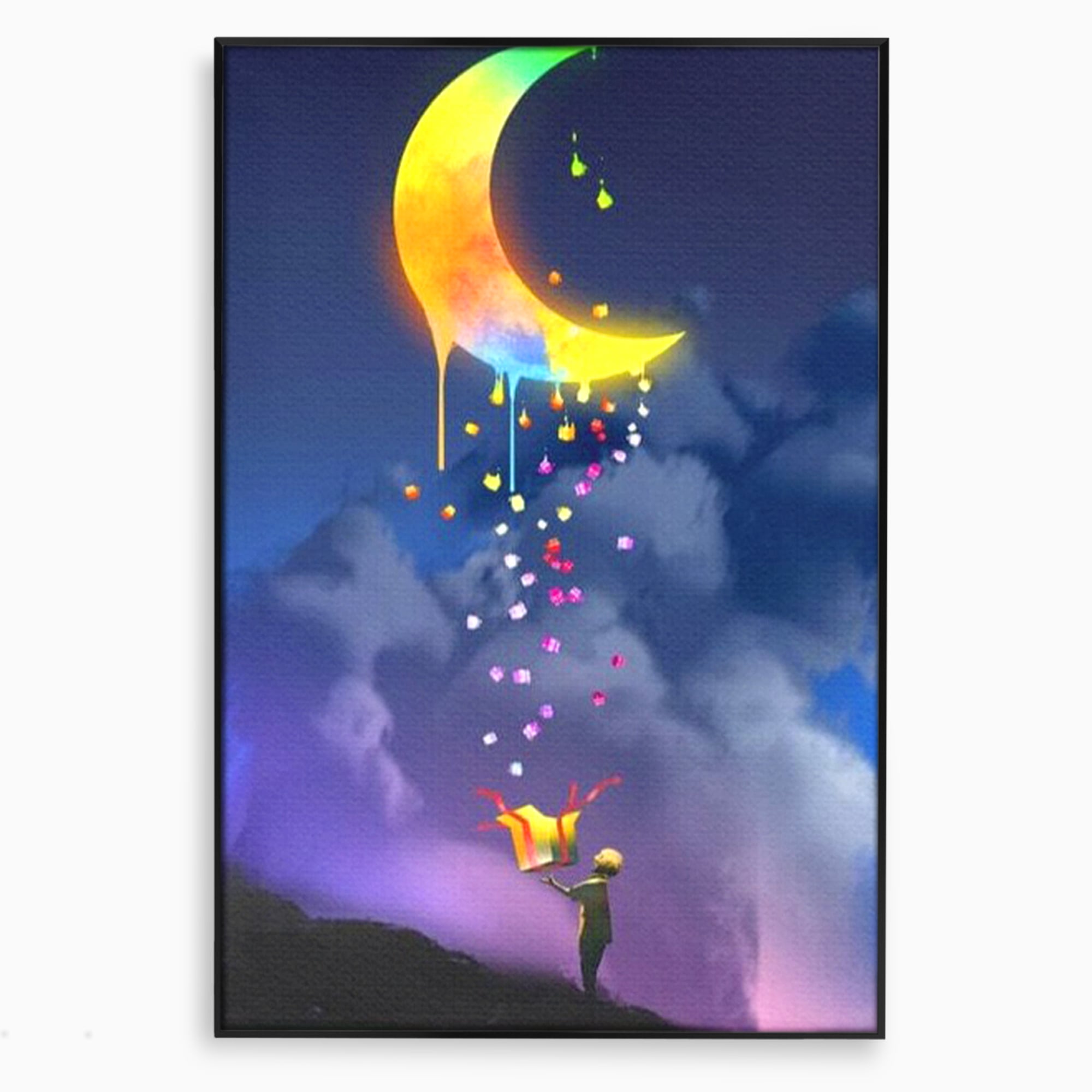 Tablou Canvas Premium, LuxCanva® K1001, Luna Care Daruieste, Curcubeu, Cer, Magie, Cutie, Copil, Ploaie, Stele, Noapte, Daruire, Stelar, Vis, Imaginatie, Camera Copii