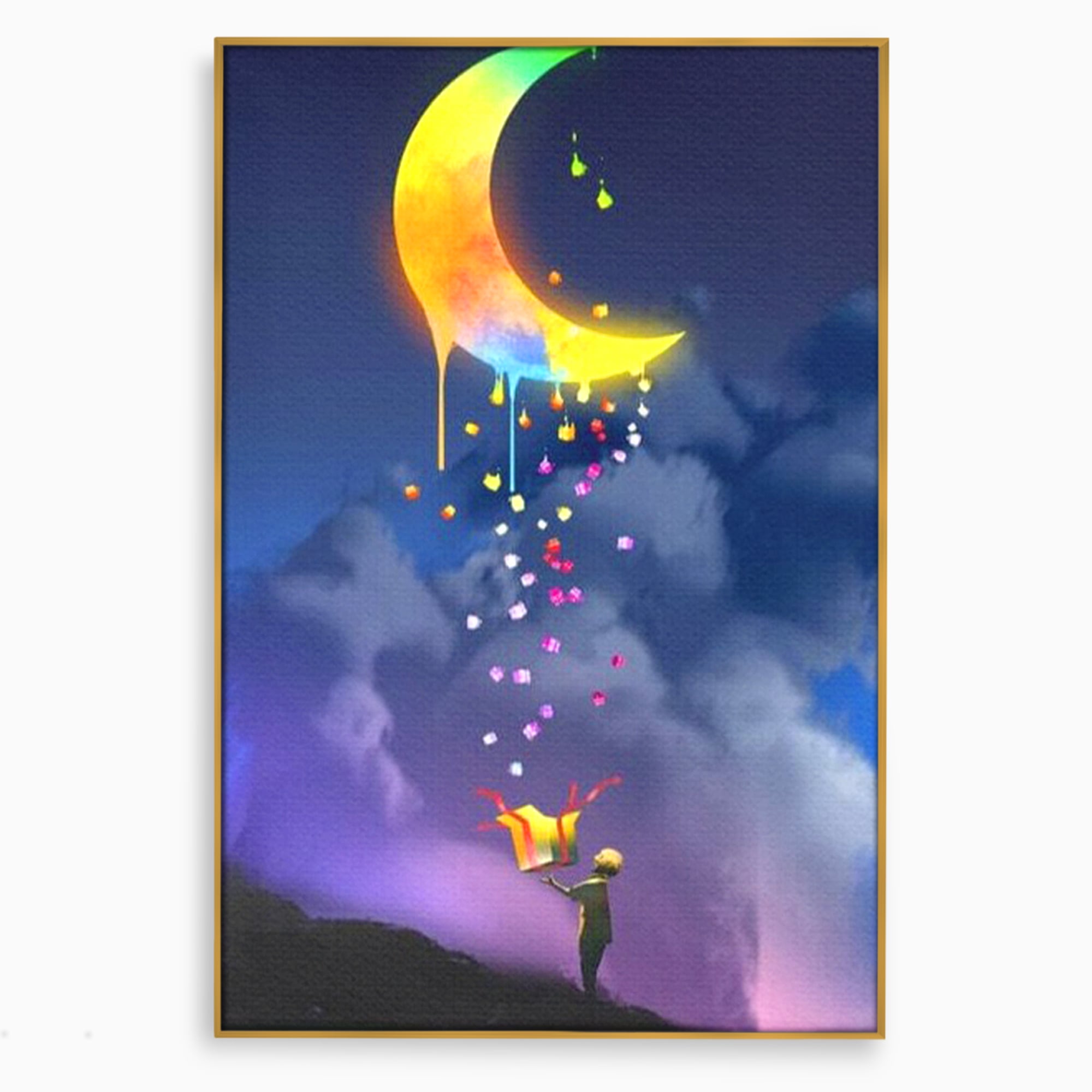 Tablou Canvas Premium, LuxCanva® K1001, Luna Care Daruieste, Curcubeu, Cer, Magie, Cutie, Copil, Ploaie, Stele, Noapte, Daruire, Stelar, Vis, Imaginatie, Camera Copii