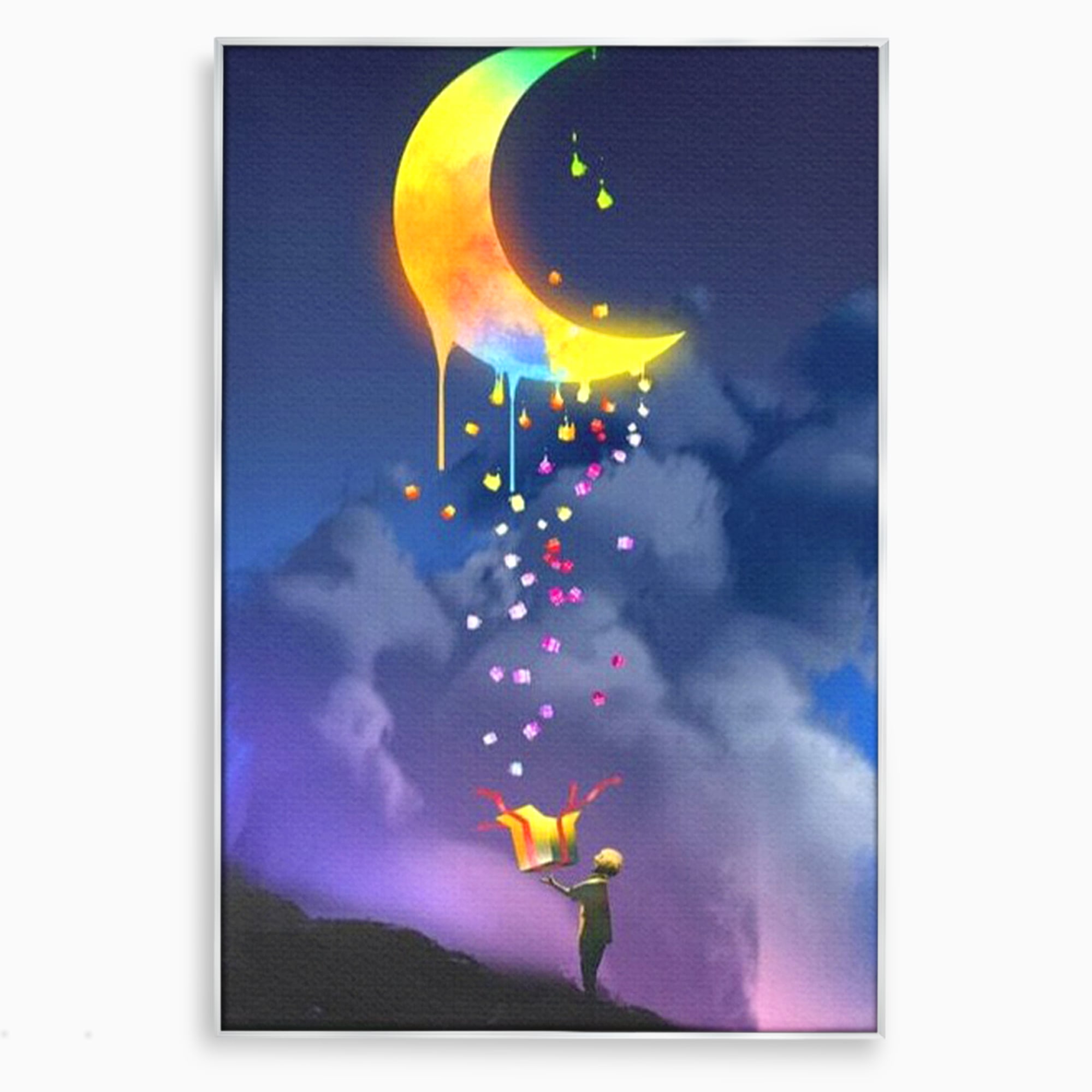 Tablou Canvas Premium, LuxCanva® K1001, Luna Care Daruieste, Curcubeu, Cer, Magie, Cutie, Copil, Ploaie, Stele, Noapte, Daruire, Stelar, Vis, Imaginatie, Camera Copii