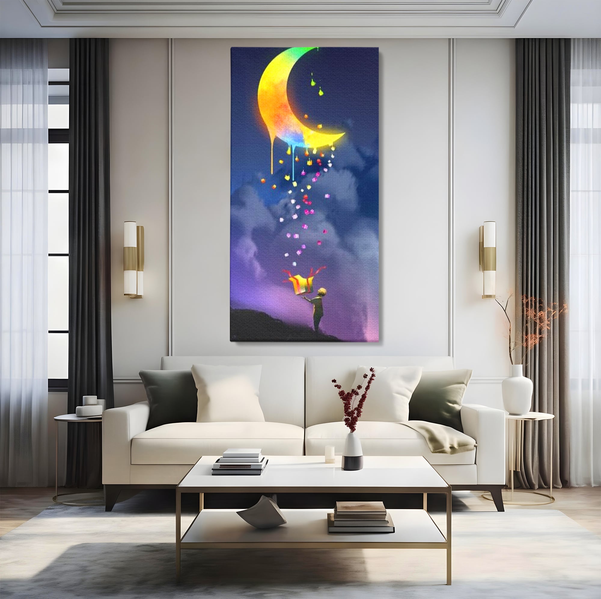 Tablou Canvas Premium, LuxCanva® K1001, Luna Care Daruieste, Curcubeu, Cer, Magie, Cutie, Copil, Ploaie, Stele, Noapte, Daruire, Stelar, Vis, Imaginatie, Camera Copii