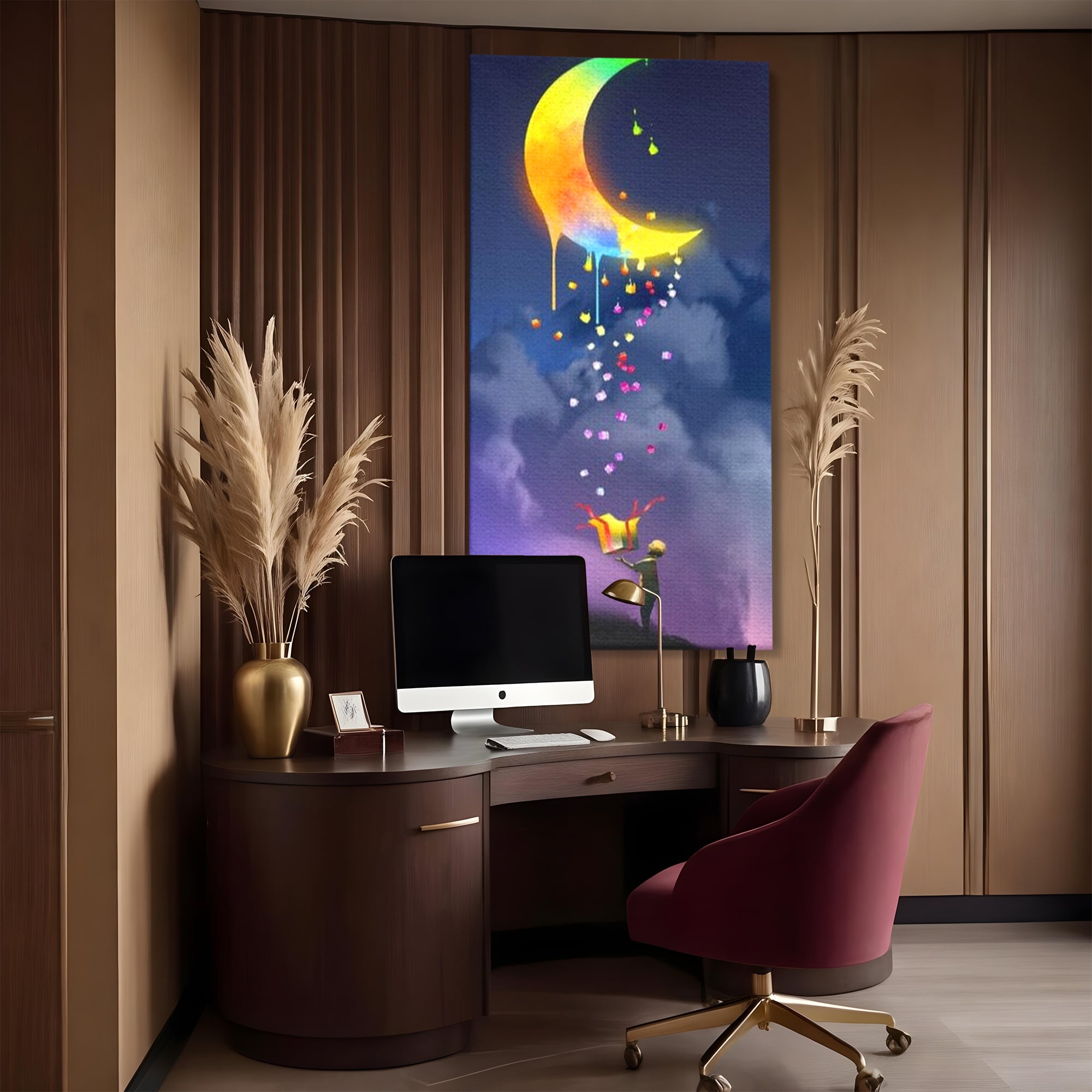 Tablou Canvas Premium, LuxCanva® K1001, Luna Care Daruieste, Curcubeu, Cer, Magie, Cutie, Copil, Ploaie, Stele, Noapte, Daruire, Stelar, Vis, Imaginatie, Camera Copii