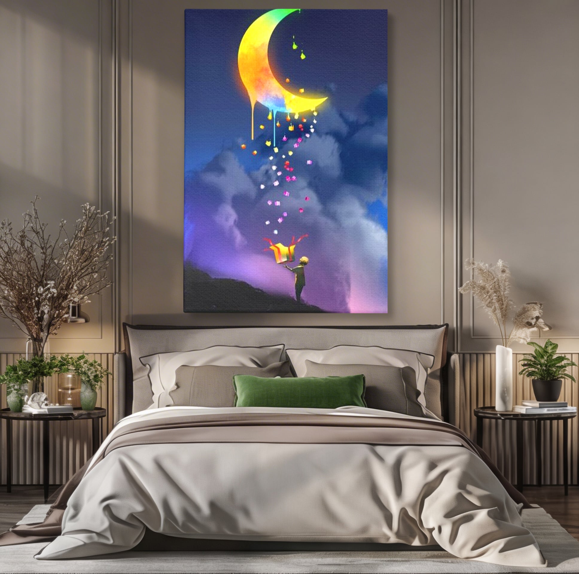 Tablou Canvas Premium, LuxCanva® K1001, Luna Care Daruieste, Curcubeu, Cer, Magie, Cutie, Copil, Ploaie, Stele, Noapte, Daruire, Stelar, Vis, Imaginatie, Camera Copii