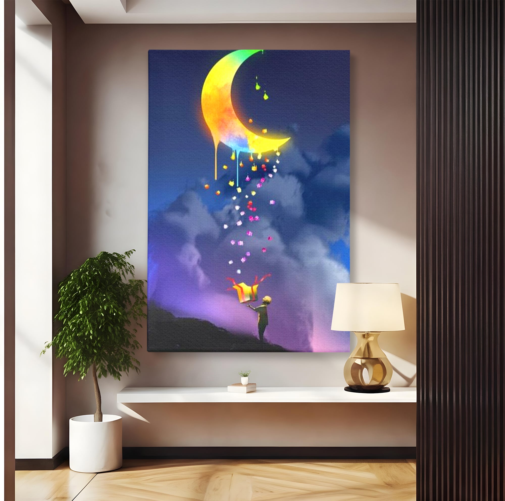 Tablou Canvas Premium, LuxCanva® K1001, Luna Care Daruieste, Curcubeu, Cer, Magie, Cutie, Copil, Ploaie, Stele, Noapte, Daruire, Stelar, Vis, Imaginatie, Camera Copii