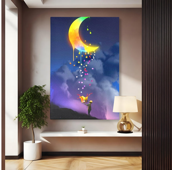 Tablou Canvas Premium, LuxCanva® K1001, Luna Care Daruieste, Curcubeu, Cer, Magie, Cutie, Copil, Ploaie, Stele, Noapte, Daruire, Stelar, Vis, Imaginatie, Camera Copii