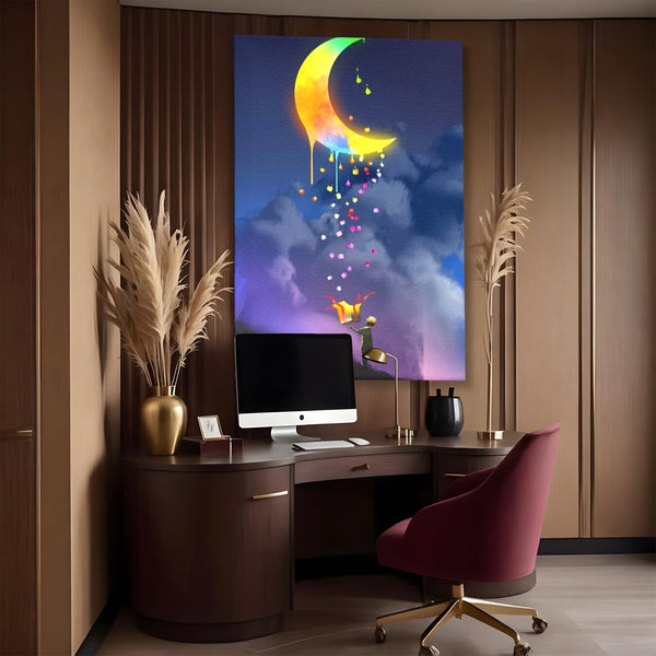 Tablou Canvas Premium, LuxCanva® K1001, Luna Care Daruieste, Curcubeu, Cer, Magie, Cutie, Copil, Ploaie, Stele, Noapte, Daruire, Stelar, Vis, Imaginatie, Camera Copii