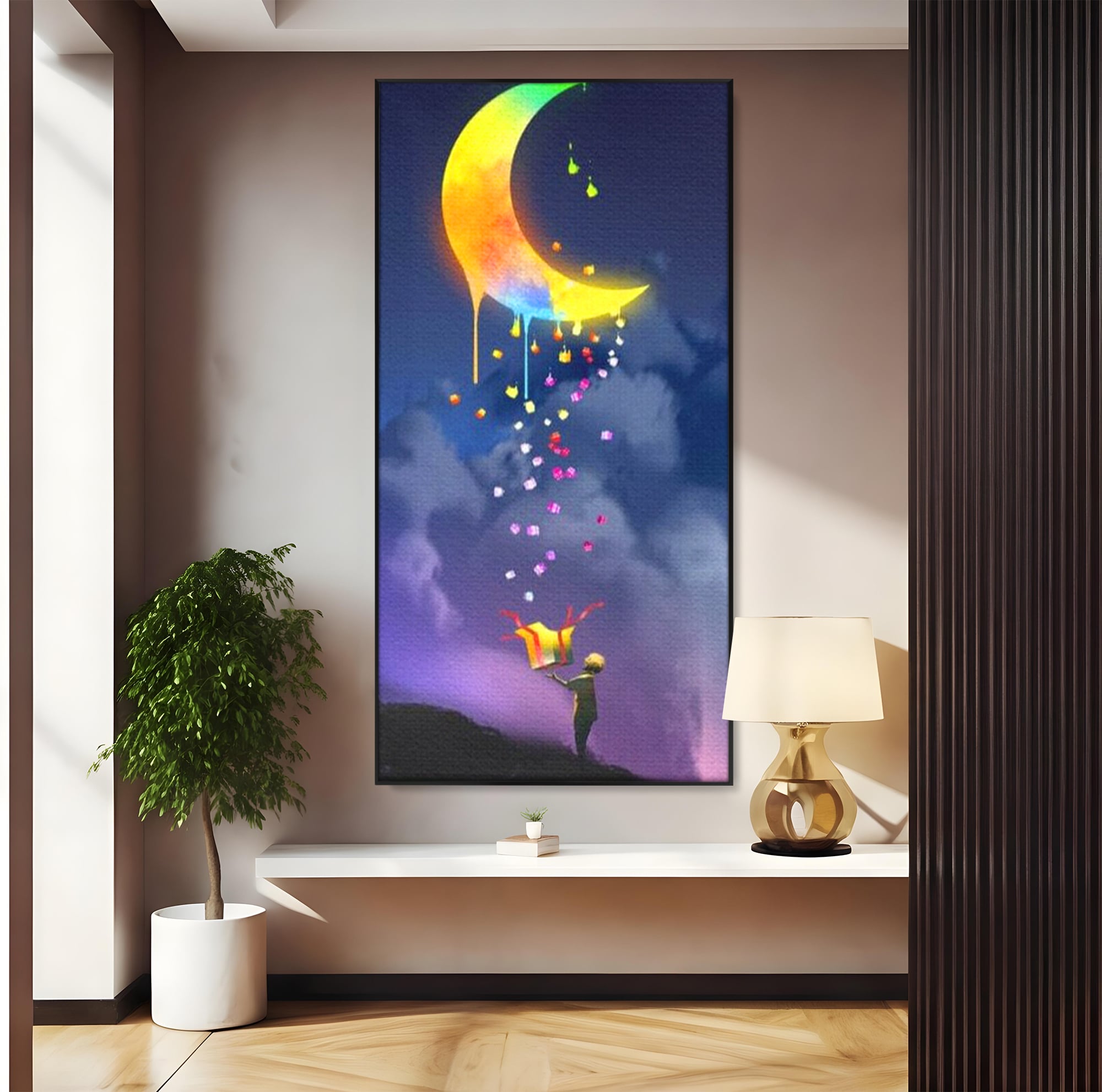 Tablou Canvas Premium, LuxCanva® K1001, Luna Care Daruieste, Curcubeu, Cer, Magie, Cutie, Copil, Ploaie, Stele, Noapte, Daruire, Stelar, Vis, Imaginatie, Camera Copii