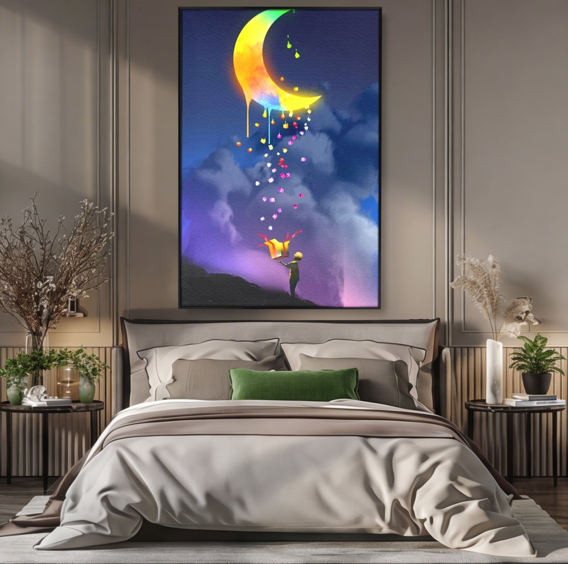 Tablou Canvas Premium, LuxCanva® K1001, Luna Care Daruieste, Curcubeu, Cer, Magie, Cutie, Copil, Ploaie, Stele, Noapte, Daruire, Stelar, Vis, Imaginatie, Camera Copii