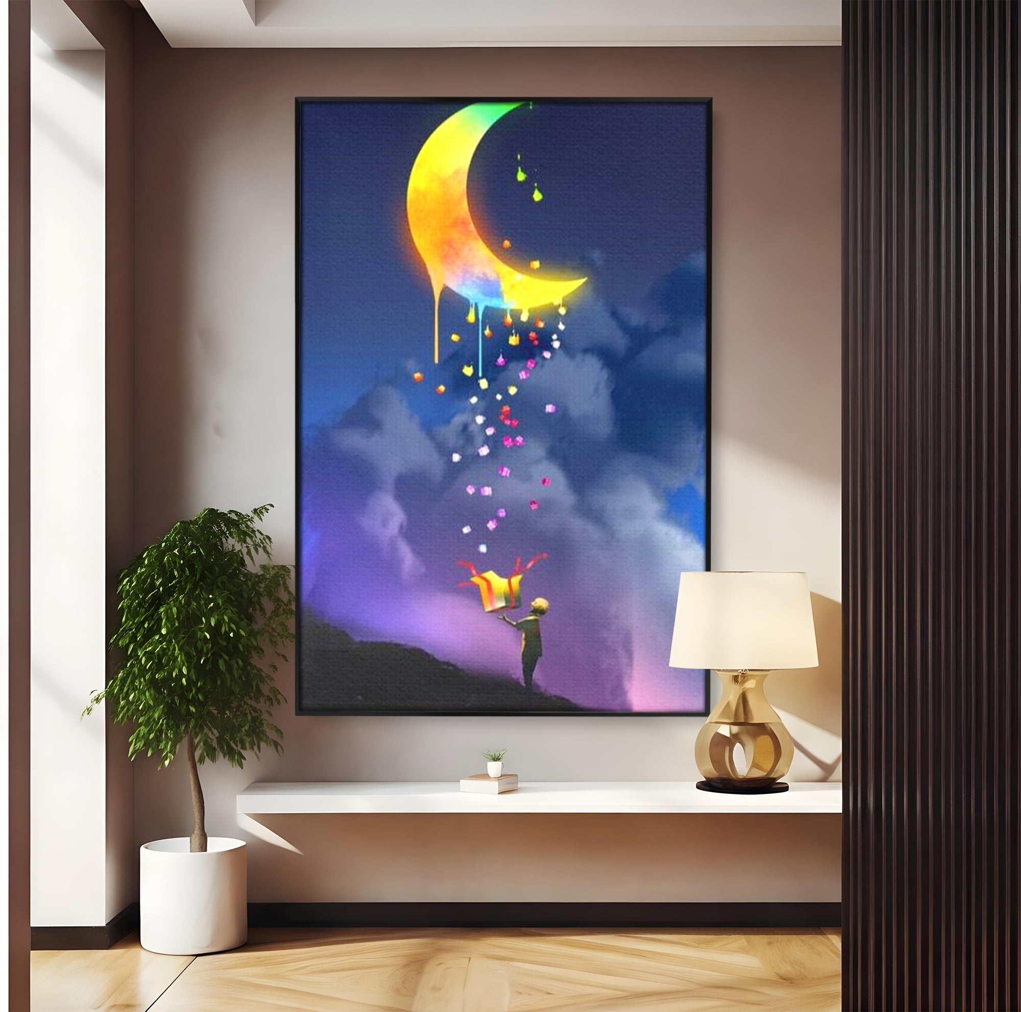 Tablou Canvas Premium, LuxCanva® K1001, Luna Care Daruieste, Curcubeu, Cer, Magie, Cutie, Copil, Ploaie, Stele, Noapte, Daruire, Stelar, Vis, Imaginatie, Camera Copii