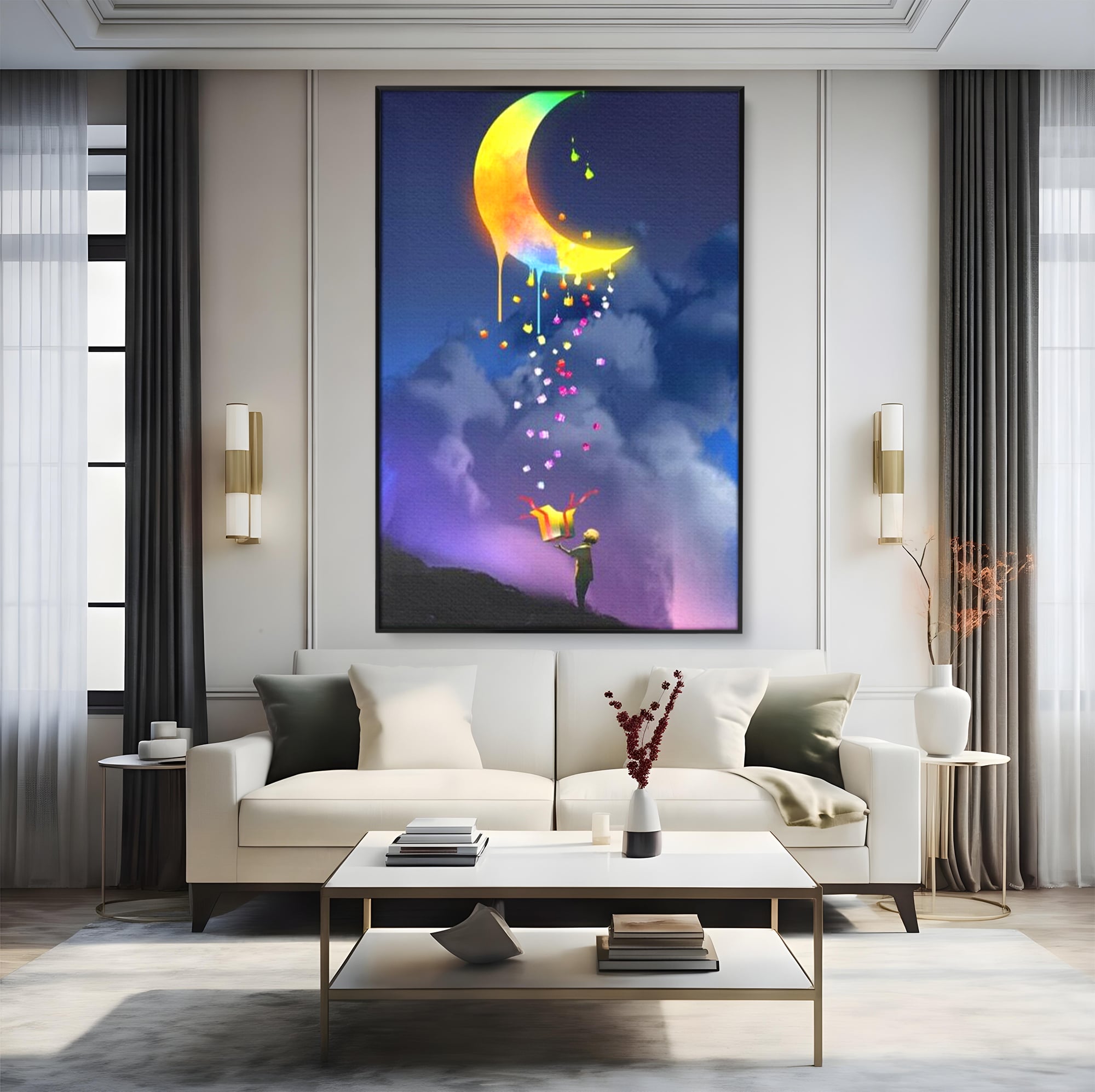 Tablou Canvas Premium, LuxCanva® K1001, Luna Care Daruieste, Curcubeu, Cer, Magie, Cutie, Copil, Ploaie, Stele, Noapte, Daruire, Stelar, Vis, Imaginatie, Camera Copii