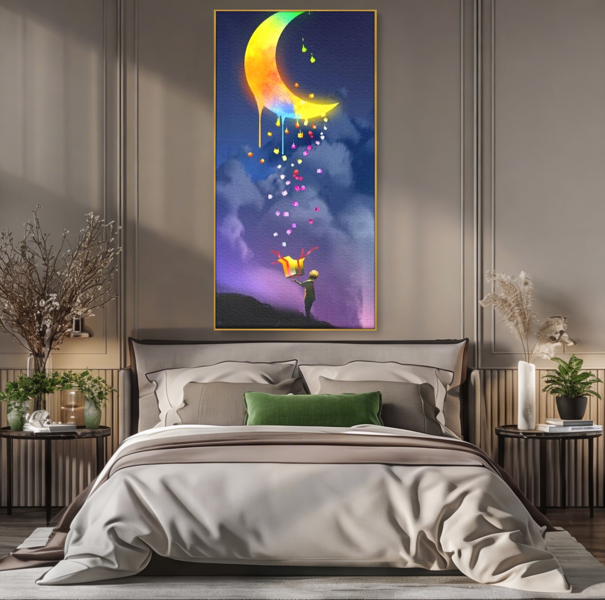 Tablou Canvas Premium, LuxCanva® K1001, Luna Care Daruieste, Curcubeu, Cer, Magie, Cutie, Copil, Ploaie, Stele, Noapte, Daruire, Stelar, Vis, Imaginatie, Camera Copii
