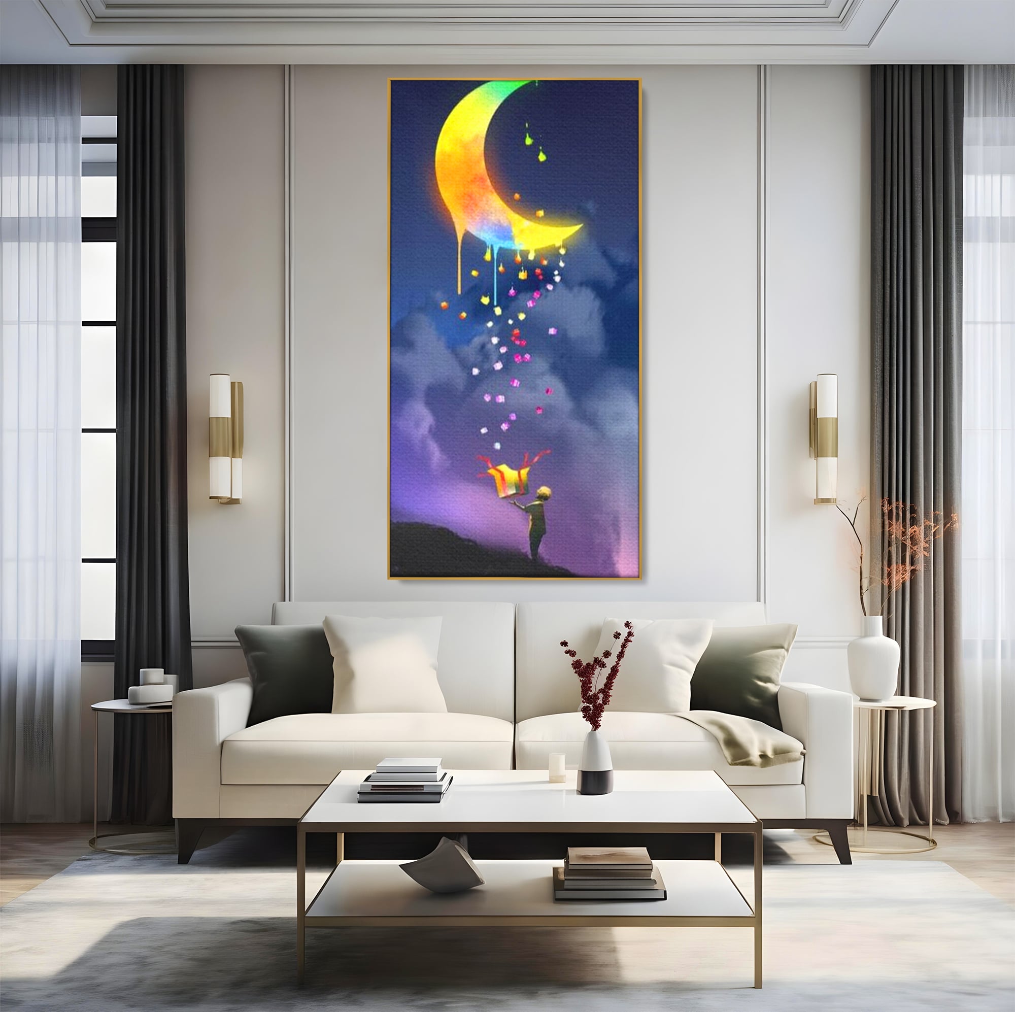 Tablou Canvas Premium, LuxCanva® K1001, Luna Care Daruieste, Curcubeu, Cer, Magie, Cutie, Copil, Ploaie, Stele, Noapte, Daruire, Stelar, Vis, Imaginatie, Camera Copii