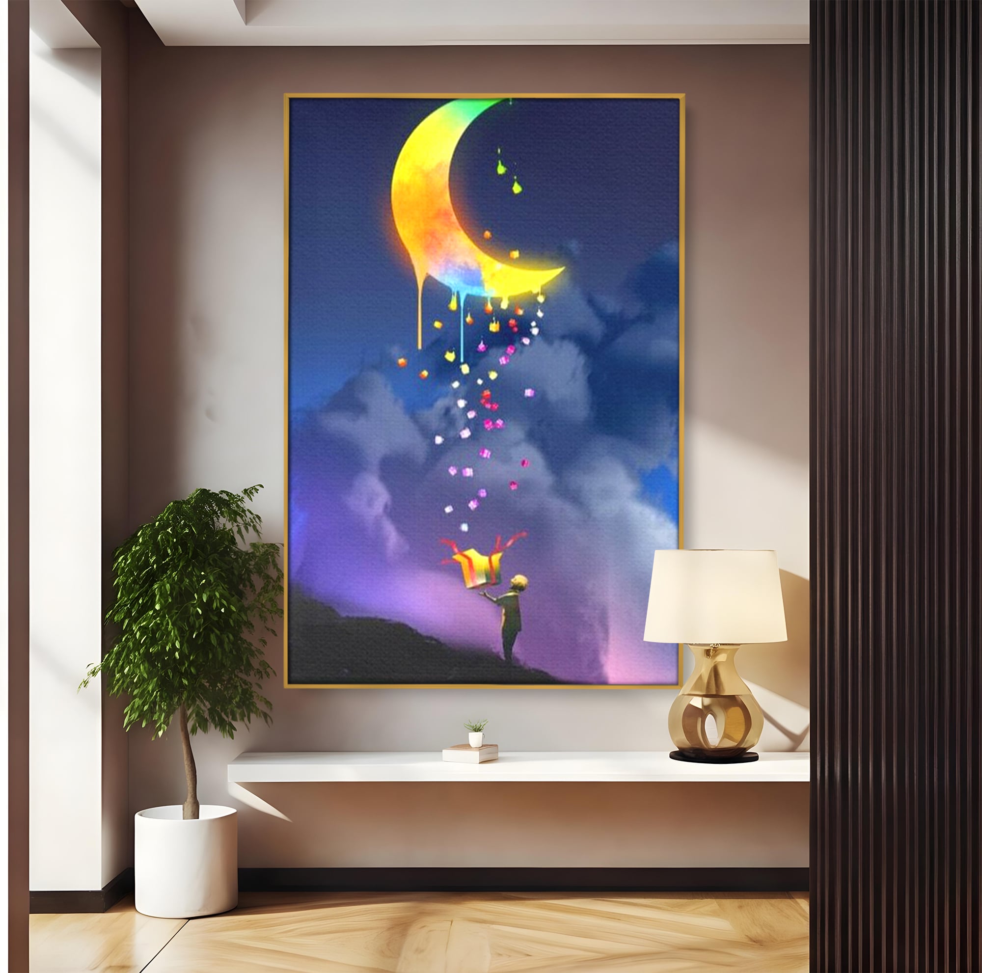 Tablou Canvas Premium, LuxCanva® K1001, Luna Care Daruieste, Curcubeu, Cer, Magie, Cutie, Copil, Ploaie, Stele, Noapte, Daruire, Stelar, Vis, Imaginatie, Camera Copii