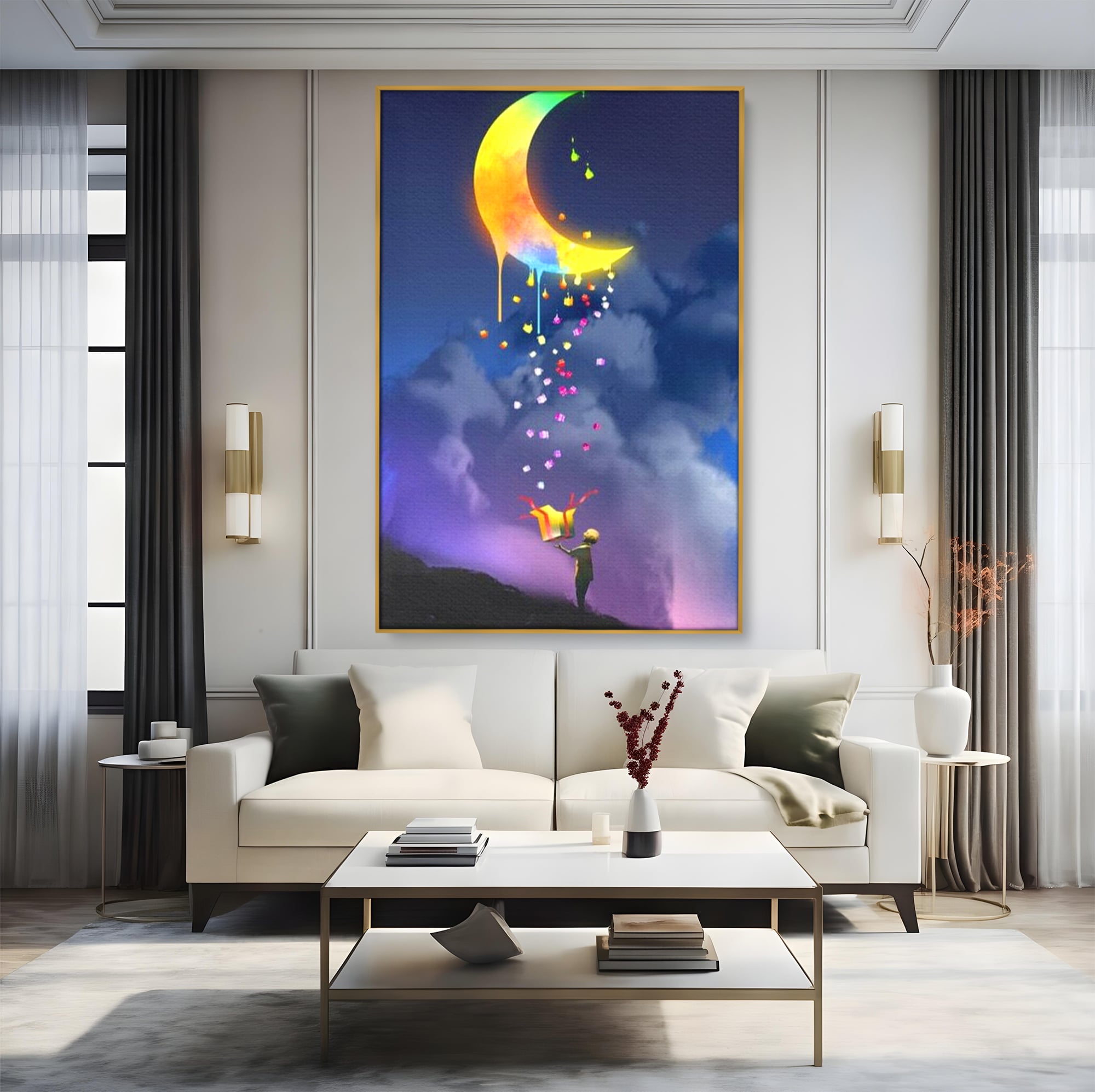 Tablou Canvas Premium, LuxCanva® K1001, Luna Care Daruieste, Curcubeu, Cer, Magie, Cutie, Copil, Ploaie, Stele, Noapte, Daruire, Stelar, Vis, Imaginatie, Camera Copii