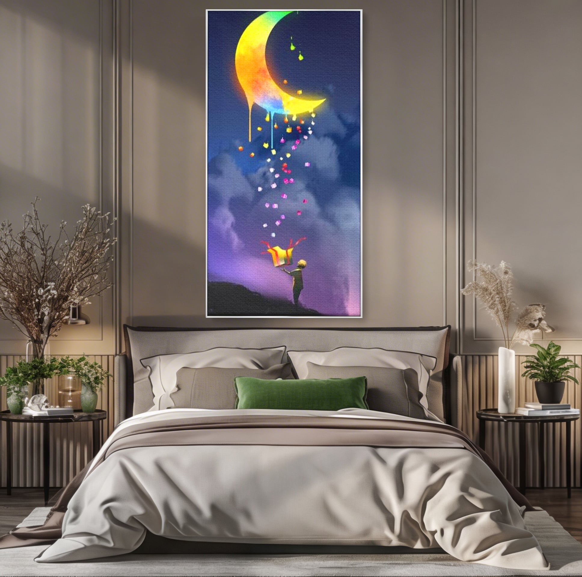 Tablou Canvas Premium, LuxCanva® K1001, Luna Care Daruieste, Curcubeu, Cer, Magie, Cutie, Copil, Ploaie, Stele, Noapte, Daruire, Stelar, Vis, Imaginatie, Camera Copii