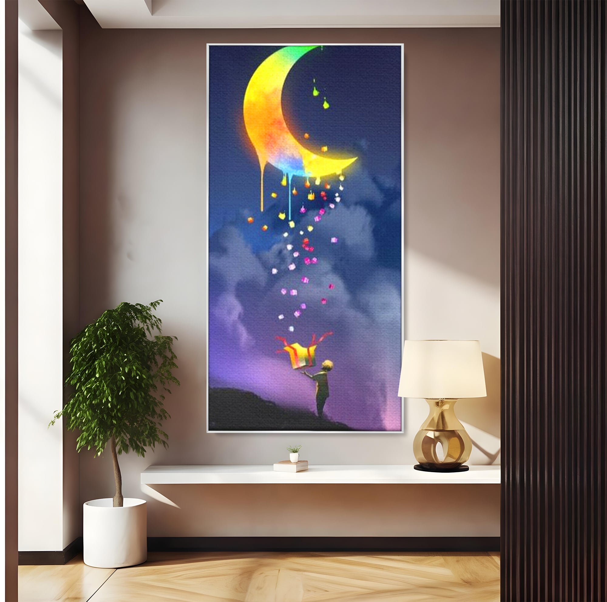 Tablou Canvas Premium, LuxCanva® K1001, Luna Care Daruieste, Curcubeu, Cer, Magie, Cutie, Copil, Ploaie, Stele, Noapte, Daruire, Stelar, Vis, Imaginatie, Camera Copii