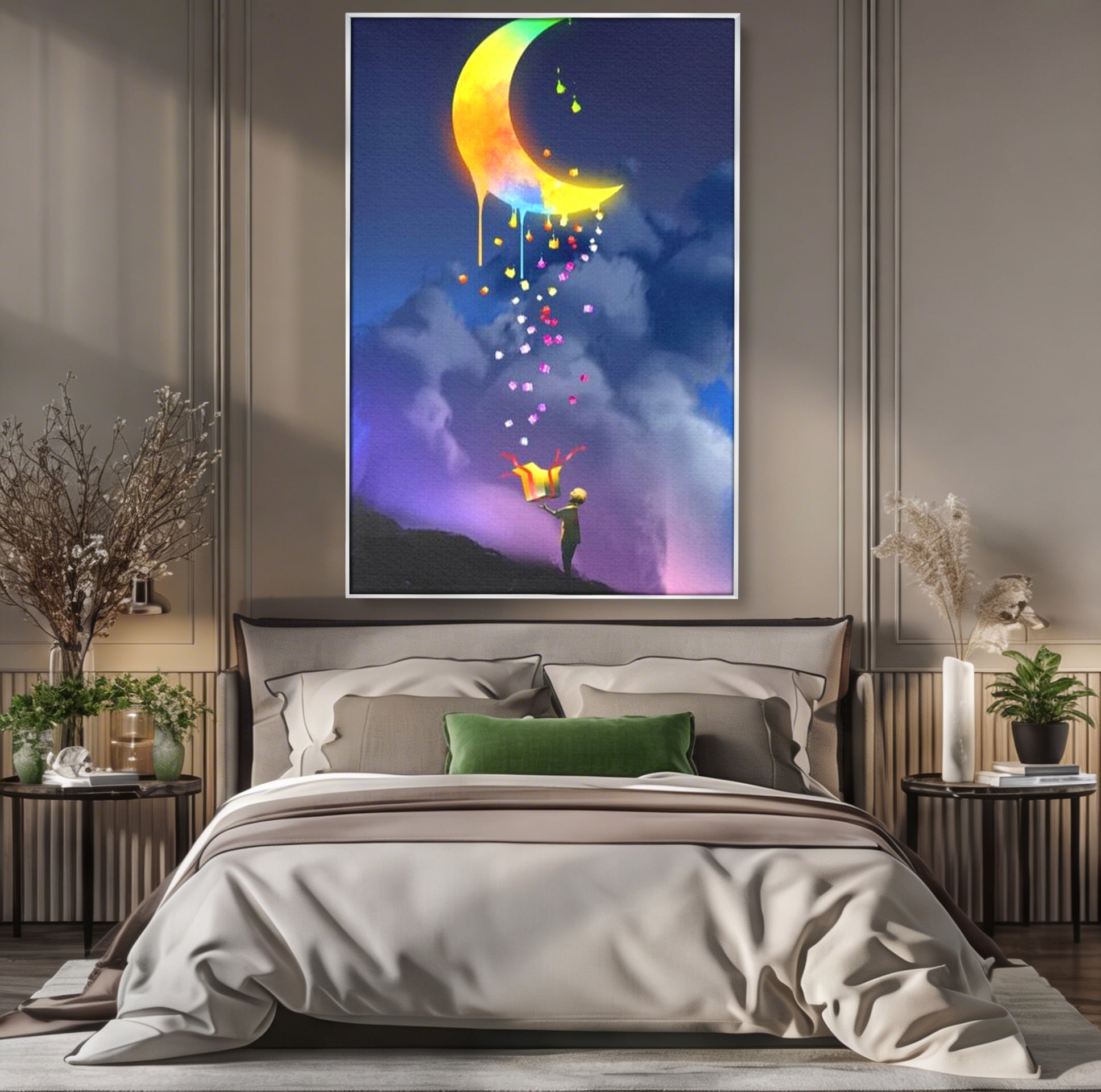 Tablou Canvas Premium, LuxCanva® K1001, Luna Care Daruieste, Curcubeu, Cer, Magie, Cutie, Copil, Ploaie, Stele, Noapte, Daruire, Stelar, Vis, Imaginatie, Camera Copii