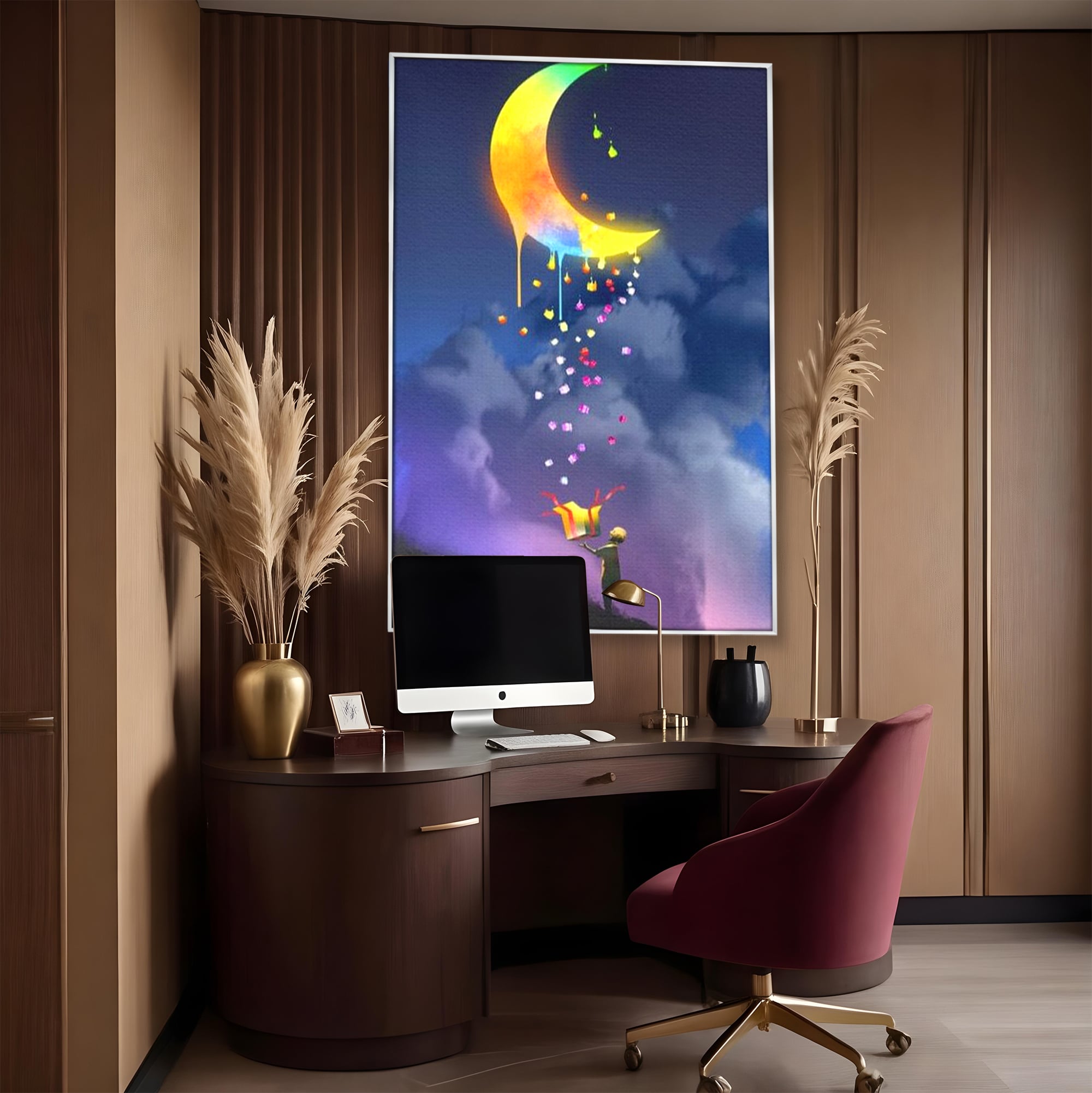 Tablou Canvas Premium, LuxCanva® K1001, Luna Care Daruieste, Curcubeu, Cer, Magie, Cutie, Copil, Ploaie, Stele, Noapte, Daruire, Stelar, Vis, Imaginatie, Camera Copii