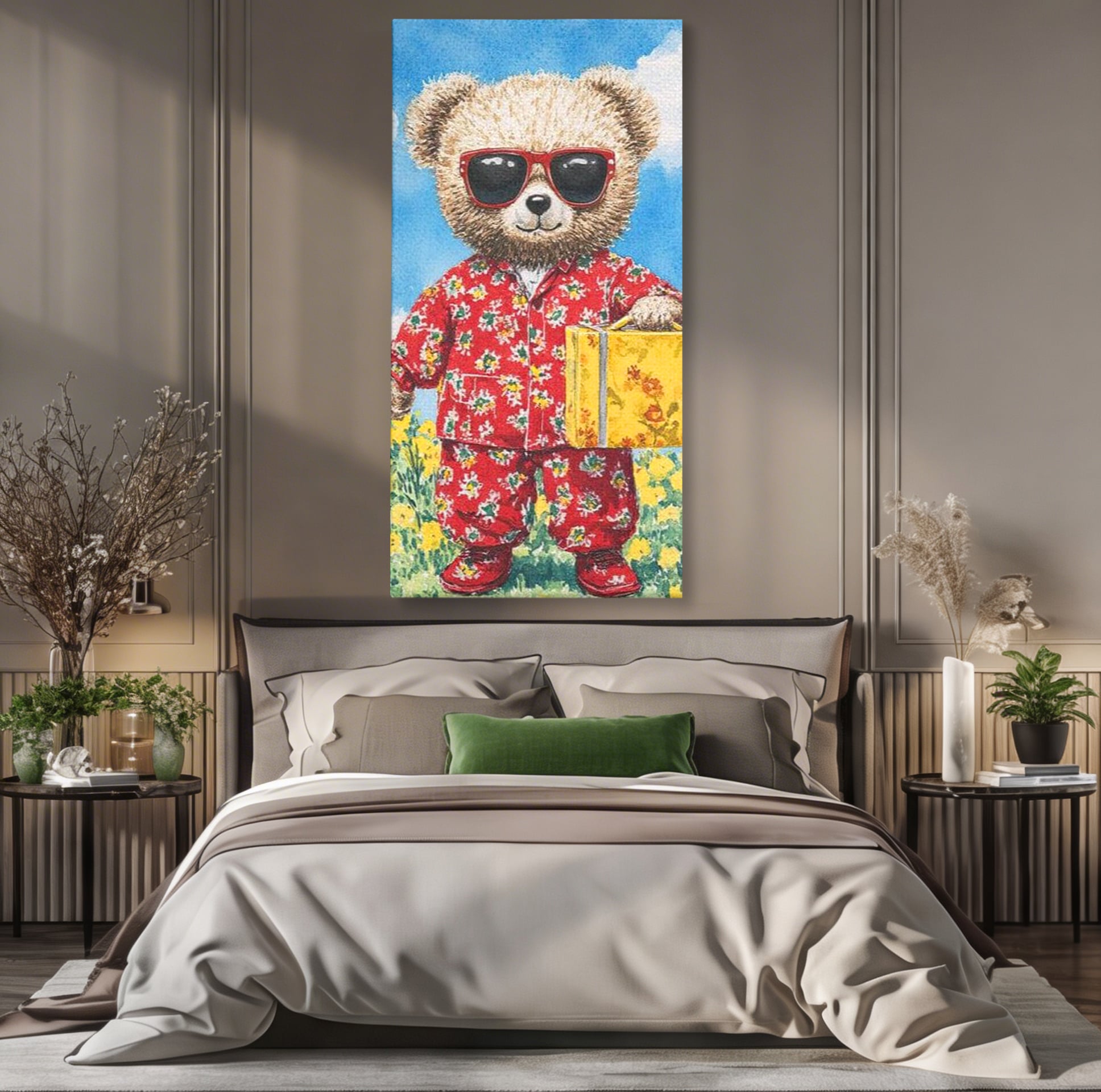 Tablou Canvas Premium, LuxCanva® K1002, Ursuletul In Vacanta, Geanta, Flori, Pijamale, Ochelari de Soare, Plus, Vacanta, Copilarie, Prieten, Aventura, Cool, Camera Copii