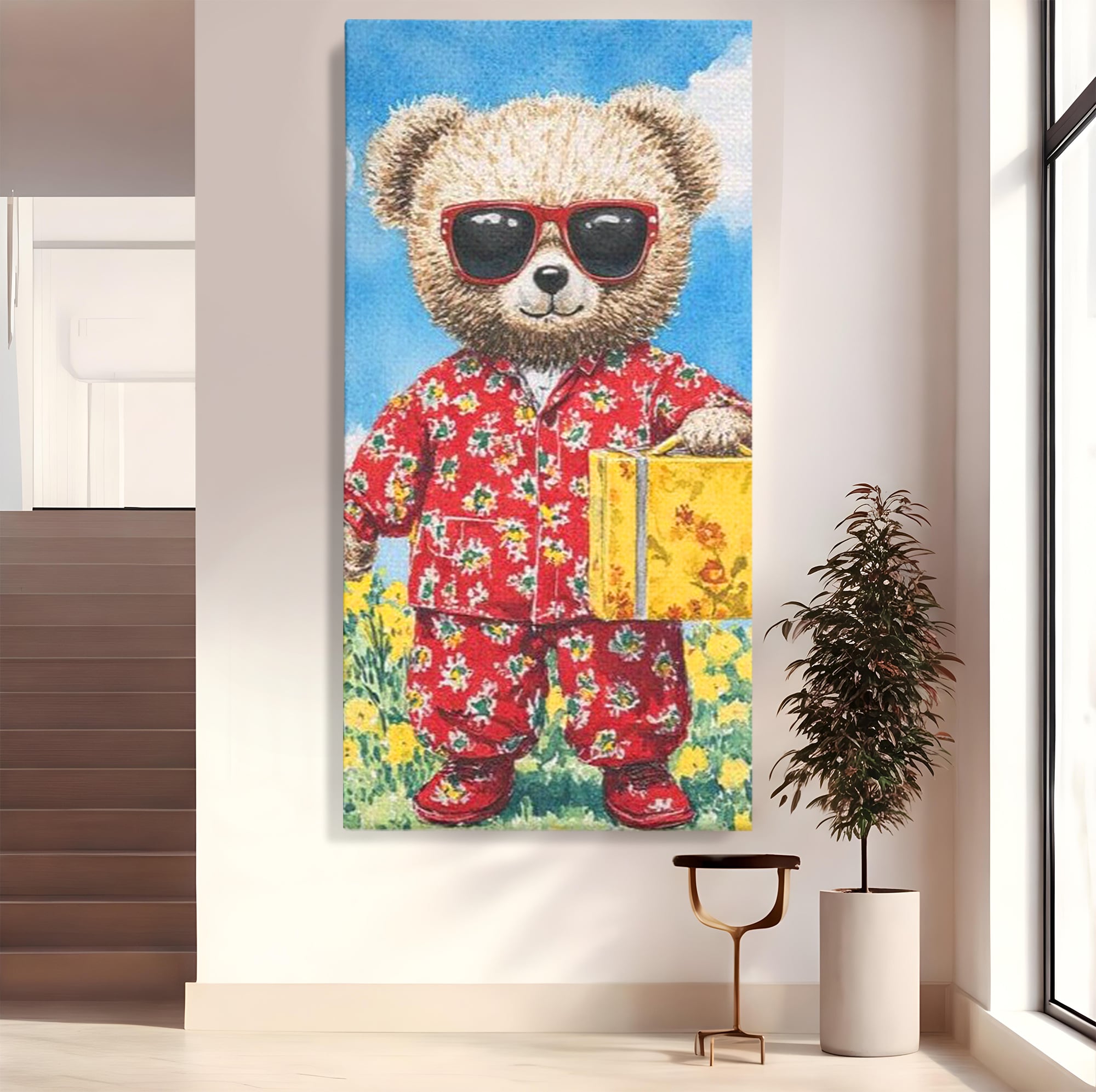 Tablou Canvas Premium, LuxCanva® K1002, Ursuletul In Vacanta, Geanta, Flori, Pijamale, Ochelari de Soare, Plus, Vacanta, Copilarie, Prieten, Aventura, Cool, Camera Copii