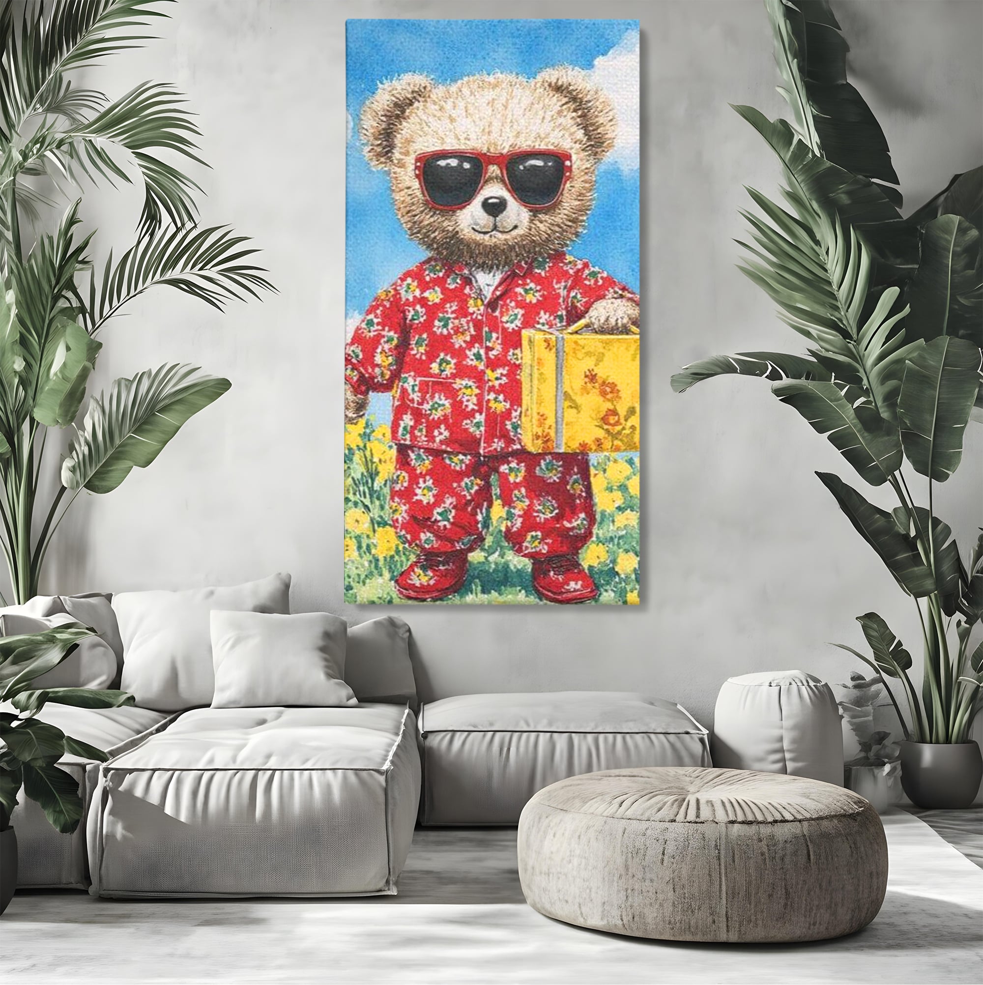 Tablou Canvas Premium, LuxCanva® K1002, Ursuletul In Vacanta, Geanta, Flori, Pijamale, Ochelari de Soare, Plus, Vacanta, Copilarie, Prieten, Aventura, Cool, Camera Copii
