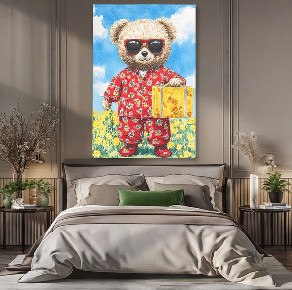 Tablou Canvas Premium, LuxCanva® K1002, Ursuletul In Vacanta, Geanta, Flori, Pijamale, Ochelari de Soare, Plus, Vacanta, Copilarie, Prieten, Aventura, Cool, Camera Copii