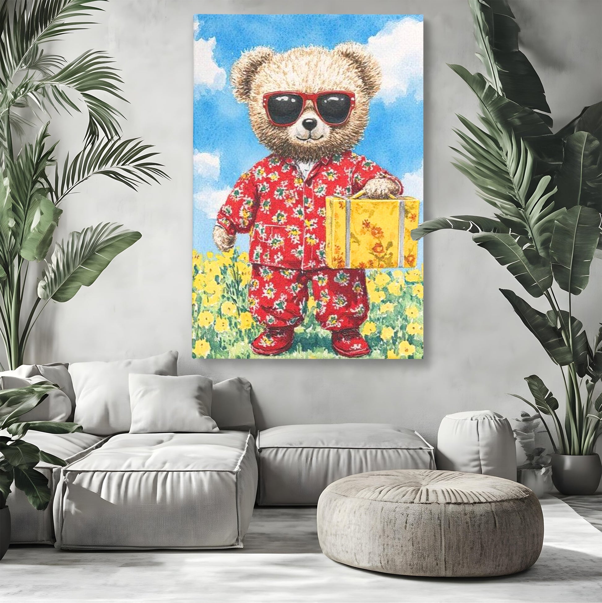 Tablou Canvas Premium, LuxCanva® K1002, Ursuletul In Vacanta, Geanta, Flori, Pijamale, Ochelari de Soare, Plus, Vacanta, Copilarie, Prieten, Aventura, Cool, Camera Copii