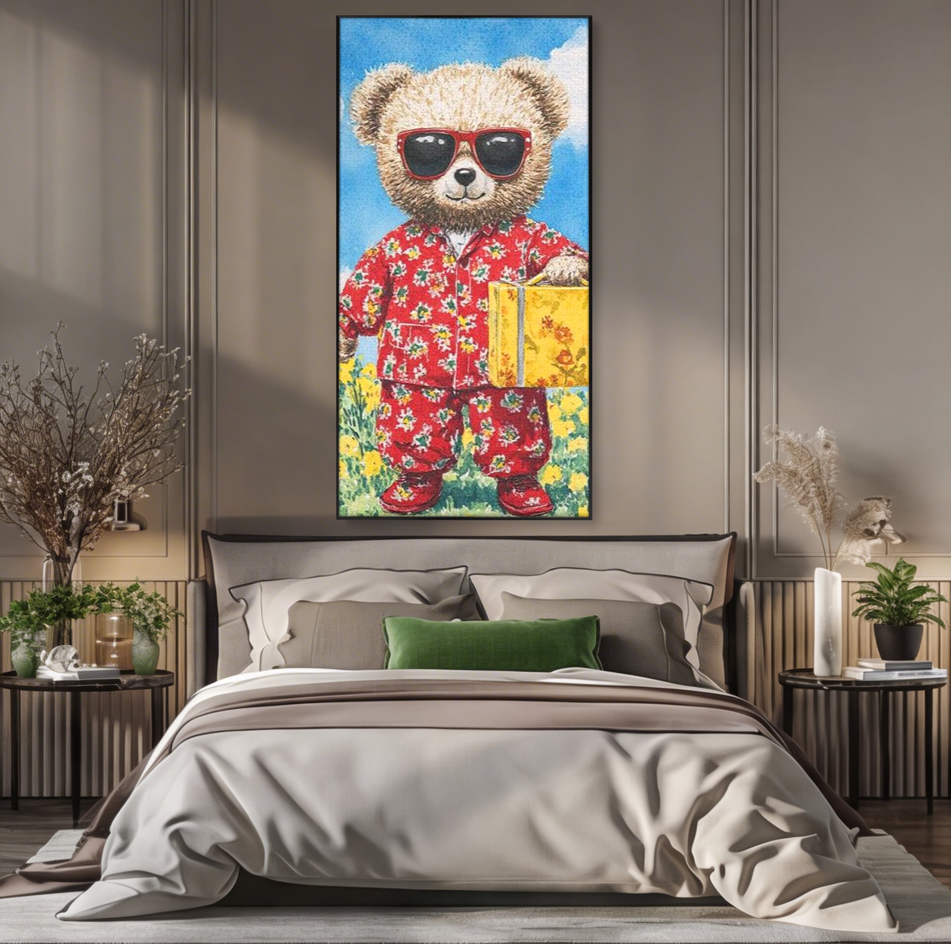 Tablou Canvas Premium, LuxCanva® K1002, Ursuletul In Vacanta, Geanta, Flori, Pijamale, Ochelari de Soare, Plus, Vacanta, Copilarie, Prieten, Aventura, Cool, Camera Copii