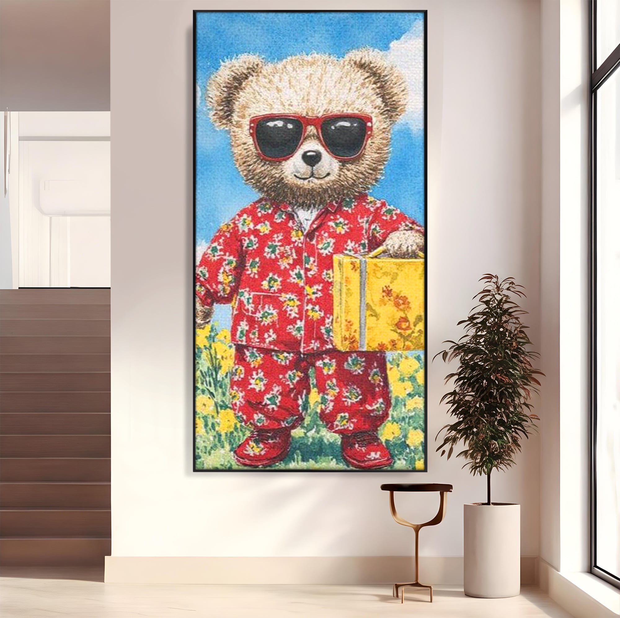Tablou Canvas Premium, LuxCanva® K1002, Ursuletul In Vacanta, Geanta, Flori, Pijamale, Ochelari de Soare, Plus, Vacanta, Copilarie, Prieten, Aventura, Cool, Camera Copii