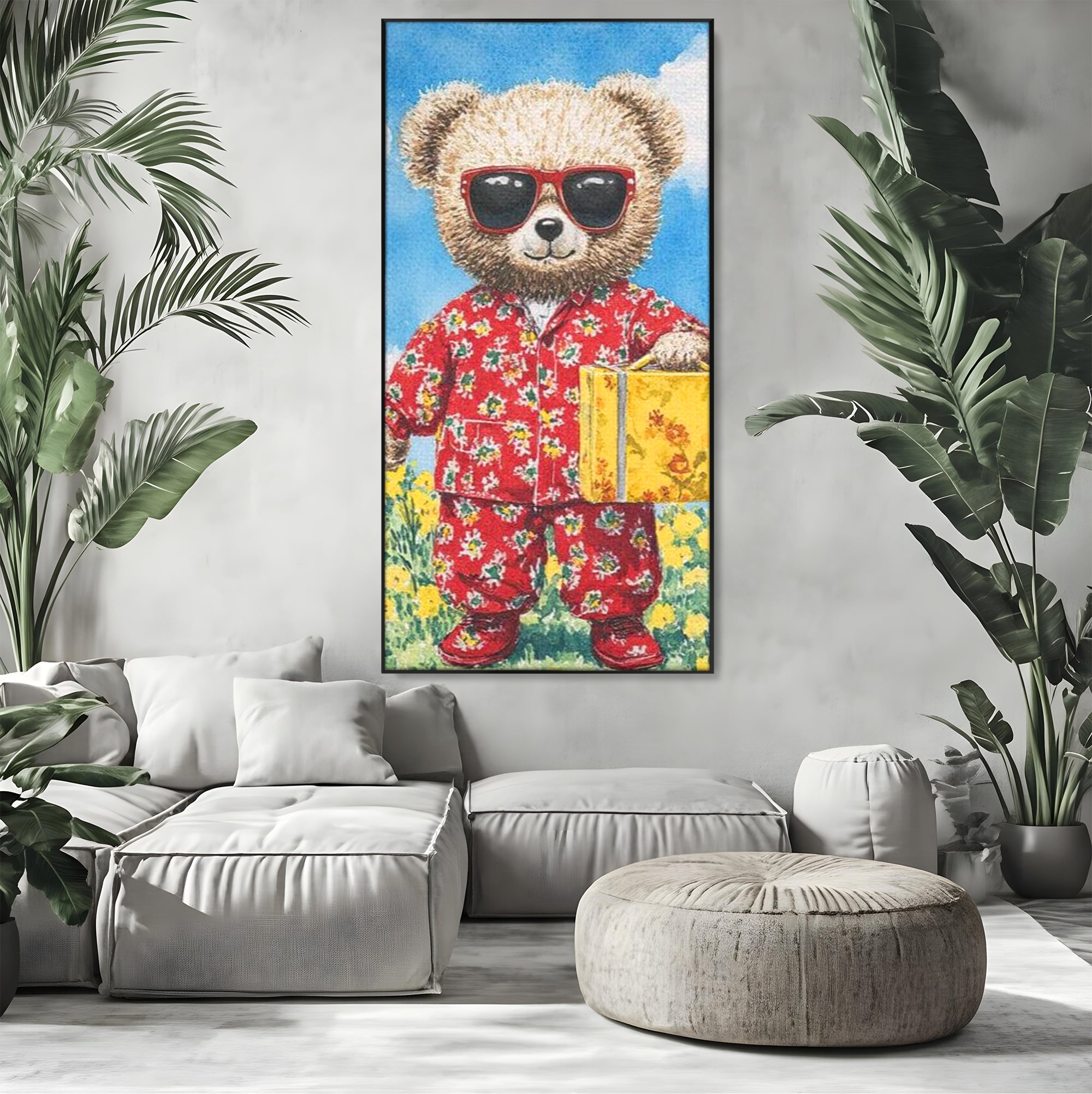 Tablou Canvas Premium, LuxCanva® K1002, Ursuletul In Vacanta, Geanta, Flori, Pijamale, Ochelari de Soare, Plus, Vacanta, Copilarie, Prieten, Aventura, Cool, Camera Copii