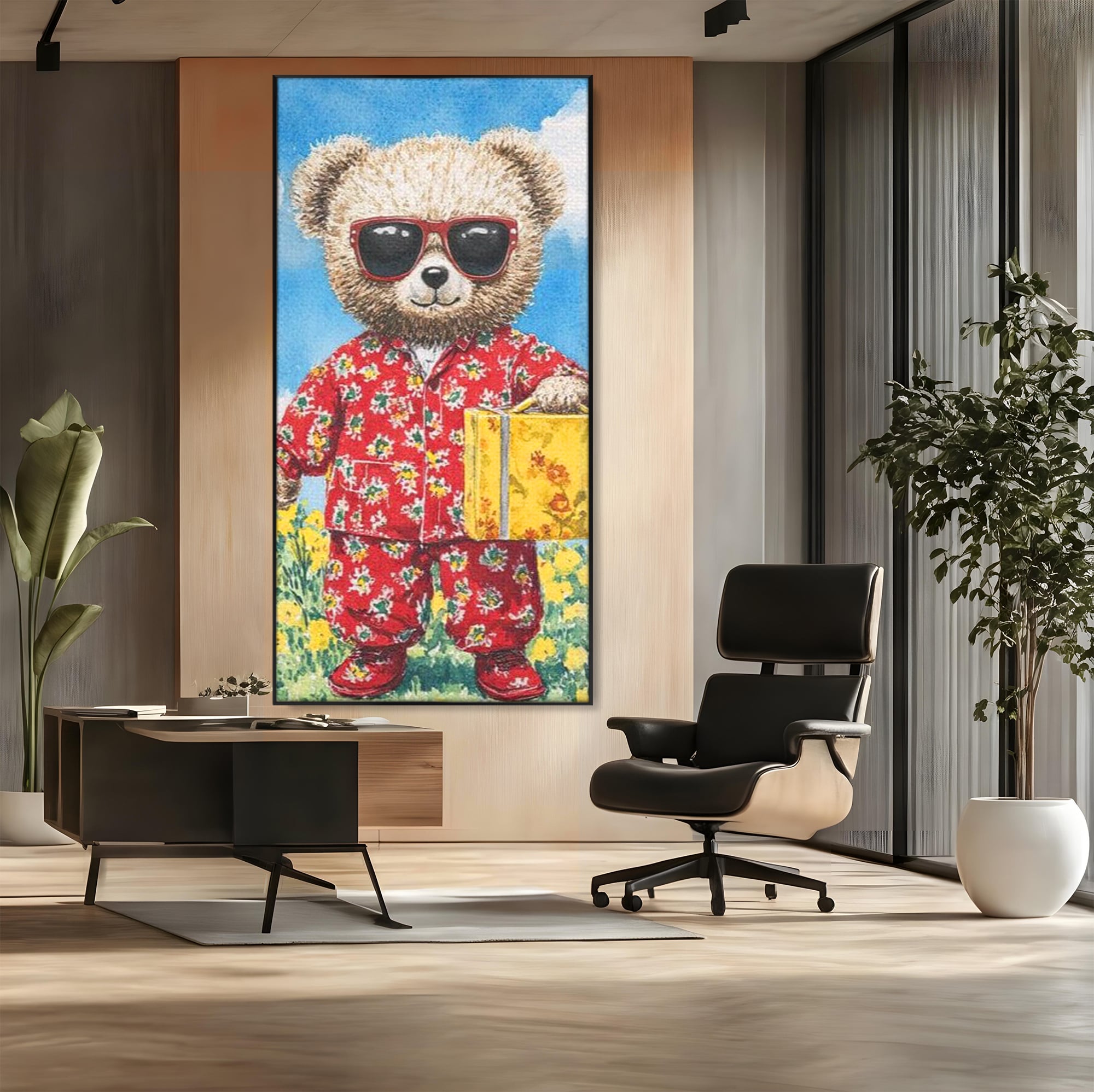 Tablou Canvas Premium, LuxCanva® K1002, Ursuletul In Vacanta, Geanta, Flori, Pijamale, Ochelari de Soare, Plus, Vacanta, Copilarie, Prieten, Aventura, Cool, Camera Copii