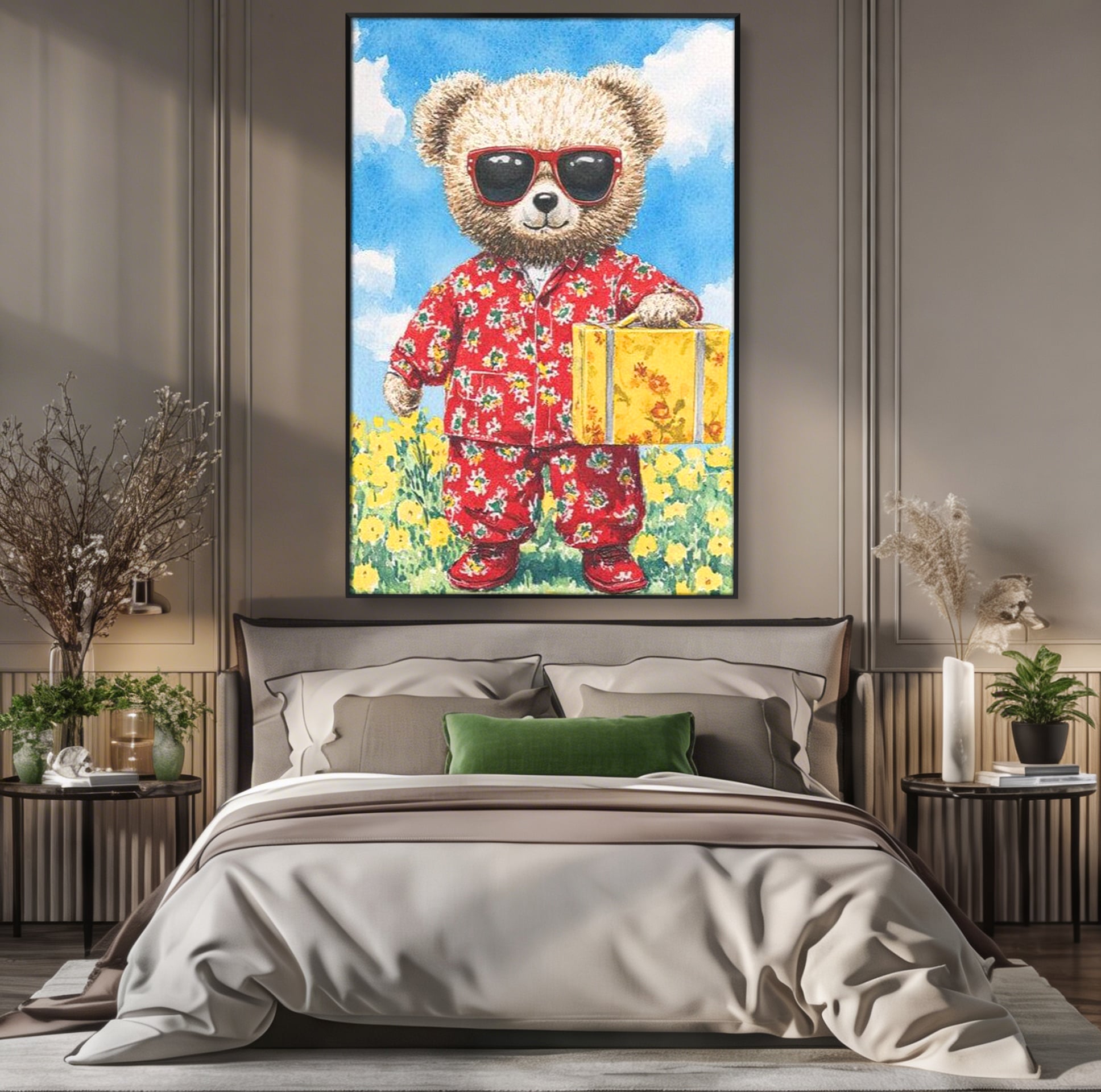 Tablou Canvas Premium, LuxCanva® K1002, Ursuletul In Vacanta, Geanta, Flori, Pijamale, Ochelari de Soare, Plus, Vacanta, Copilarie, Prieten, Aventura, Cool, Camera Copii