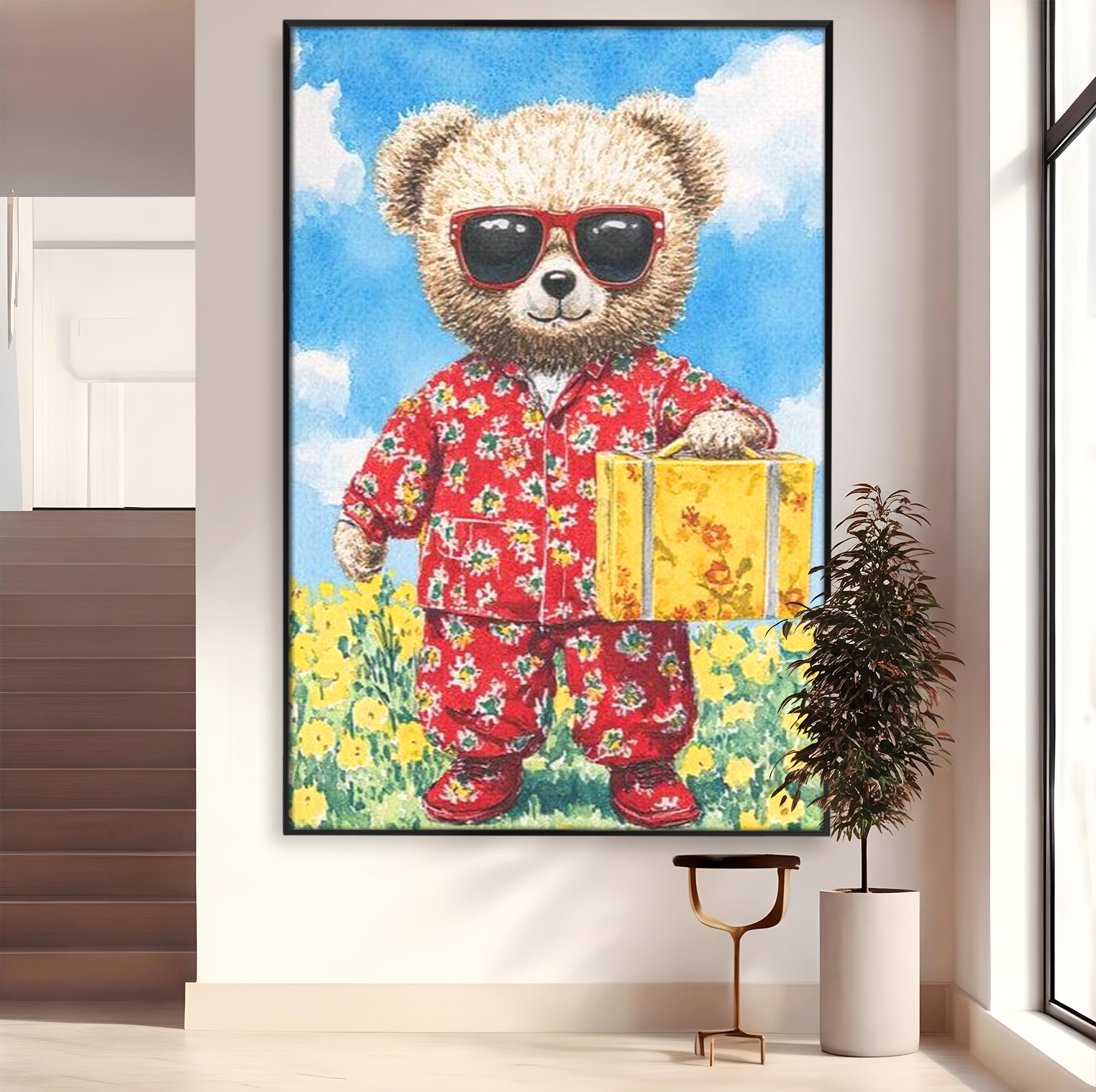 Tablou Canvas Premium, LuxCanva® K1002, Ursuletul In Vacanta, Geanta, Flori, Pijamale, Ochelari de Soare, Plus, Vacanta, Copilarie, Prieten, Aventura, Cool, Camera Copii