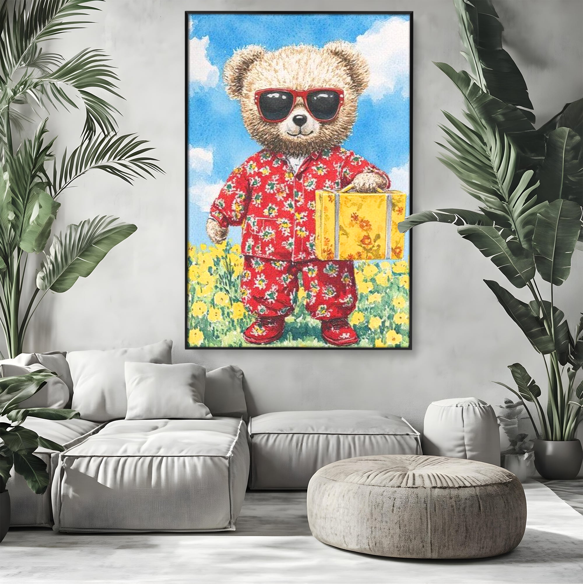 Tablou Canvas Premium, LuxCanva® K1002, Ursuletul In Vacanta, Geanta, Flori, Pijamale, Ochelari de Soare, Plus, Vacanta, Copilarie, Prieten, Aventura, Cool, Camera Copii