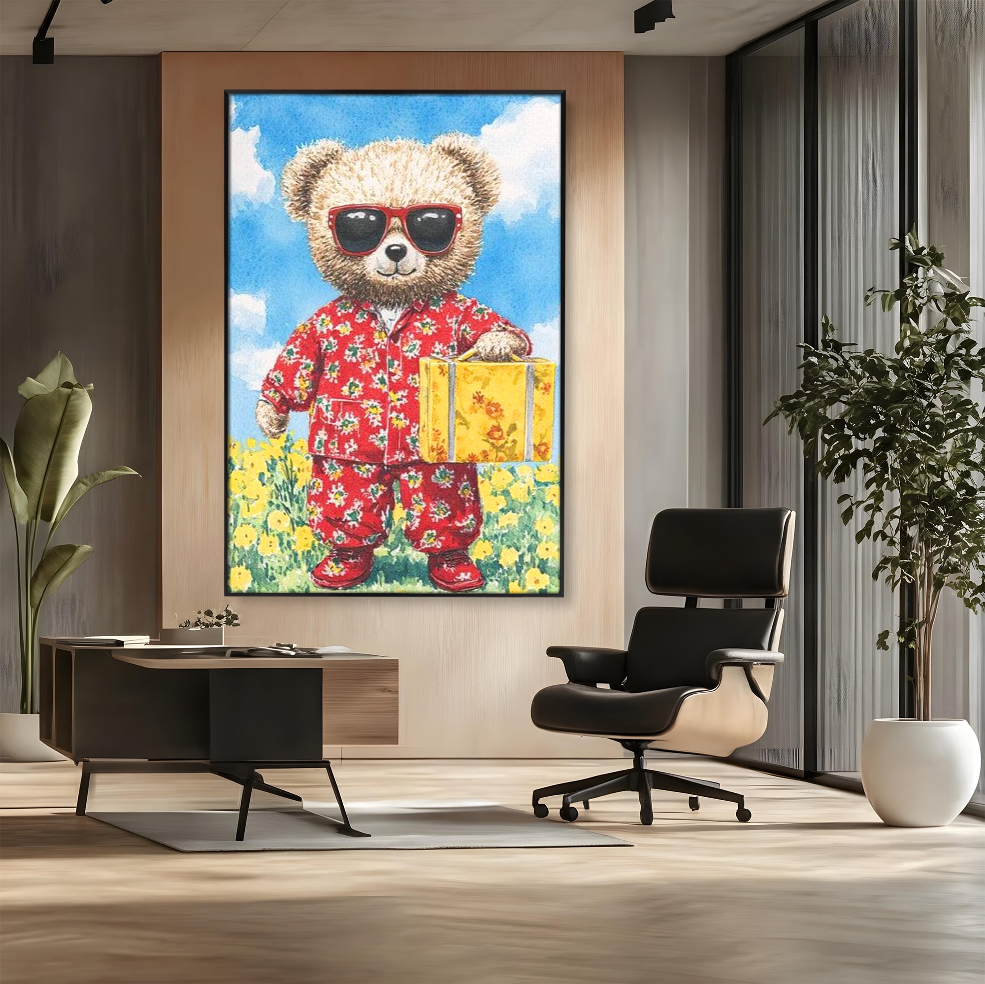 Tablou Canvas Premium, LuxCanva® K1002, Ursuletul In Vacanta, Geanta, Flori, Pijamale, Ochelari de Soare, Plus, Vacanta, Copilarie, Prieten, Aventura, Cool, Camera Copii