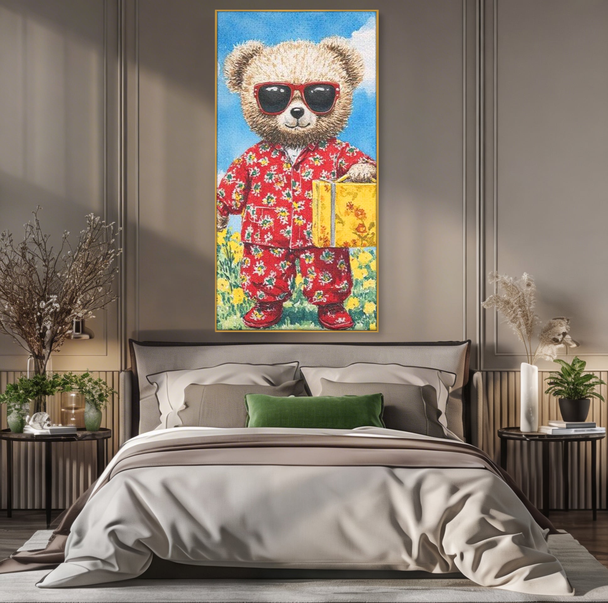 Tablou Canvas Premium, LuxCanva® K1002, Ursuletul In Vacanta, Geanta, Flori, Pijamale, Ochelari de Soare, Plus, Vacanta, Copilarie, Prieten, Aventura, Cool, Camera Copii