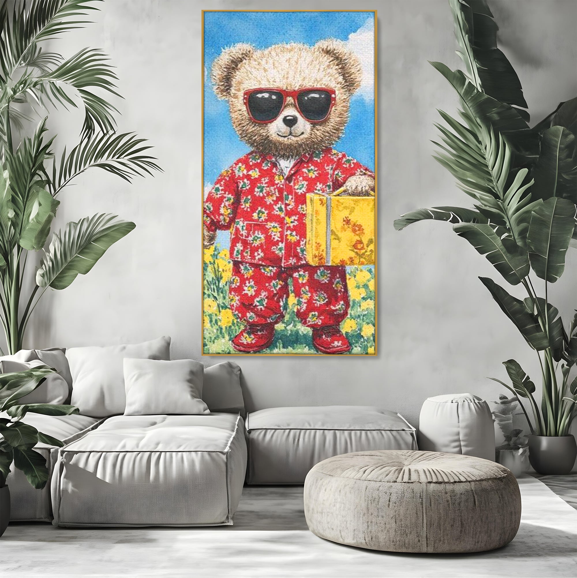 Tablou Canvas Premium, LuxCanva® K1002, Ursuletul In Vacanta, Geanta, Flori, Pijamale, Ochelari de Soare, Plus, Vacanta, Copilarie, Prieten, Aventura, Cool, Camera Copii
