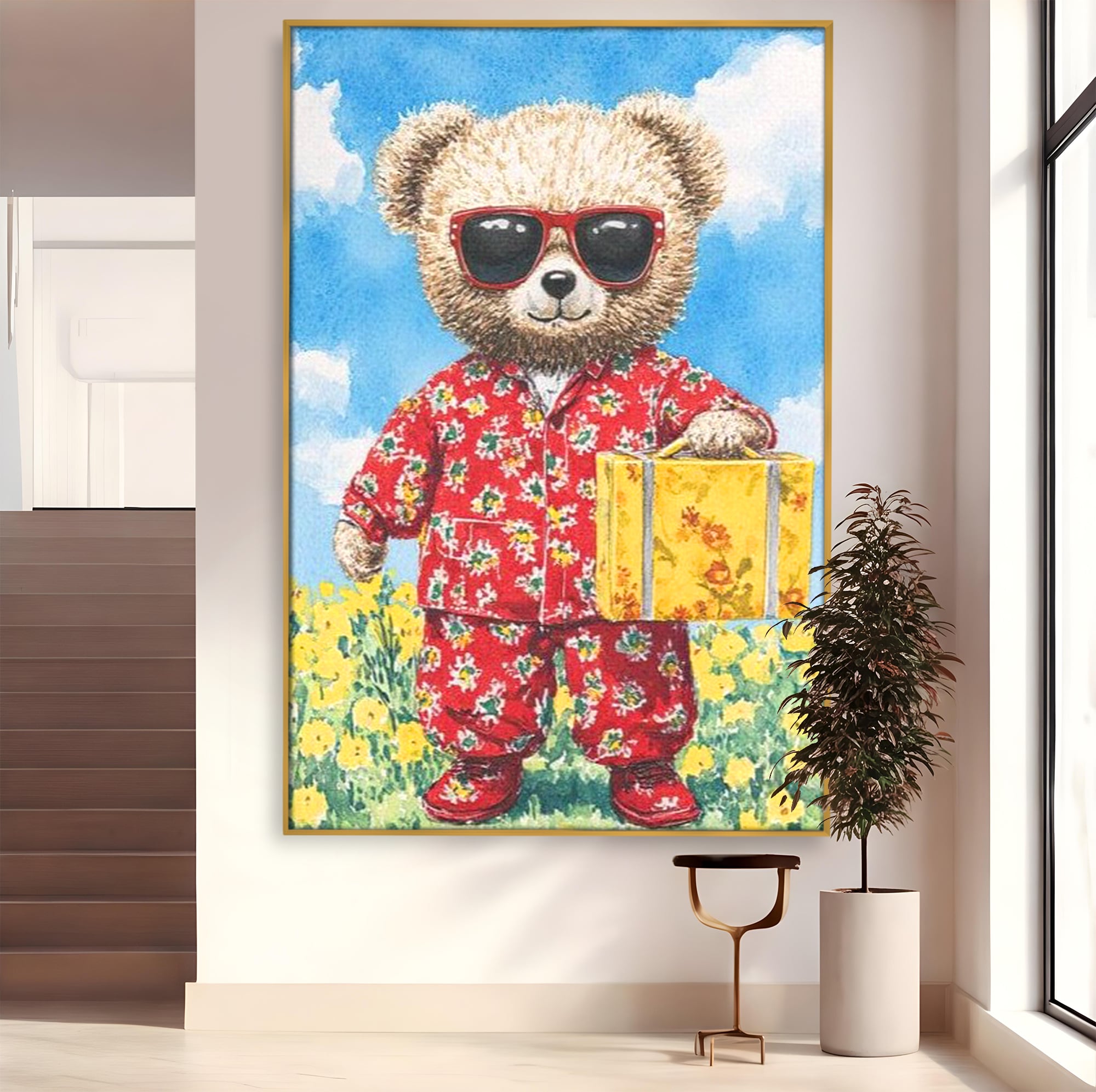 Tablou Canvas Premium, LuxCanva® K1002, Ursuletul In Vacanta, Geanta, Flori, Pijamale, Ochelari de Soare, Plus, Vacanta, Copilarie, Prieten, Aventura, Cool, Camera Copii