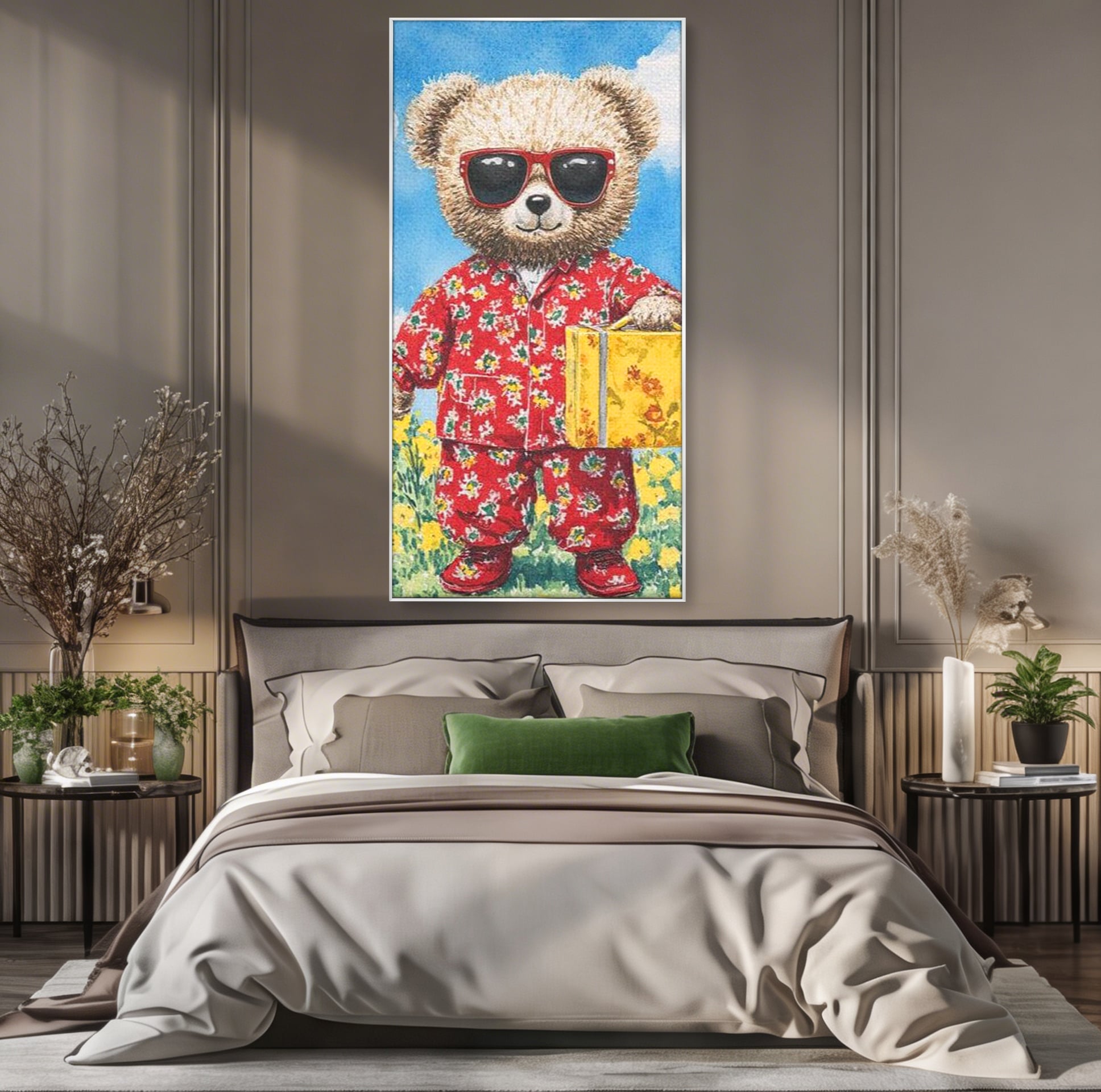Tablou Canvas Premium, LuxCanva® K1002, Ursuletul In Vacanta, Geanta, Flori, Pijamale, Ochelari de Soare, Plus, Vacanta, Copilarie, Prieten, Aventura, Cool, Camera Copii