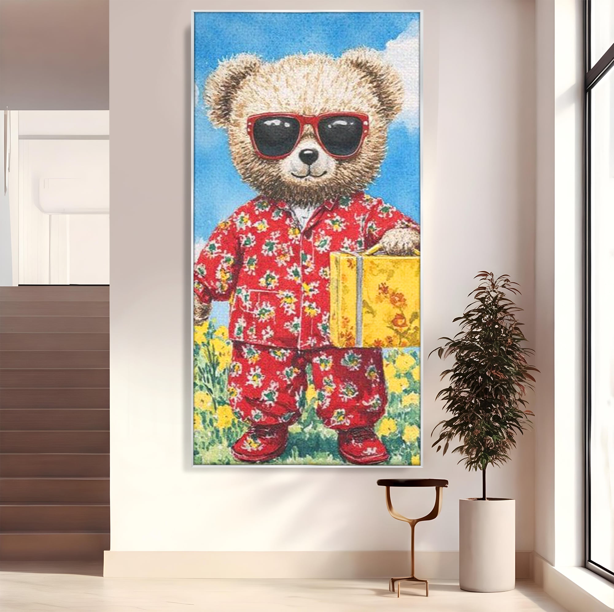 Tablou Canvas Premium, LuxCanva® K1002, Ursuletul In Vacanta, Geanta, Flori, Pijamale, Ochelari de Soare, Plus, Vacanta, Copilarie, Prieten, Aventura, Cool, Camera Copii