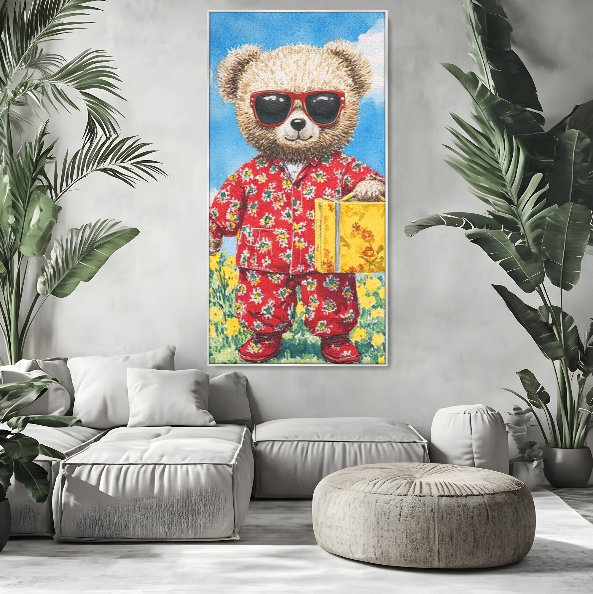 Tablou Canvas Premium, LuxCanva® K1002, Ursuletul In Vacanta, Geanta, Flori, Pijamale, Ochelari de Soare, Plus, Vacanta, Copilarie, Prieten, Aventura, Cool, Camera Copii