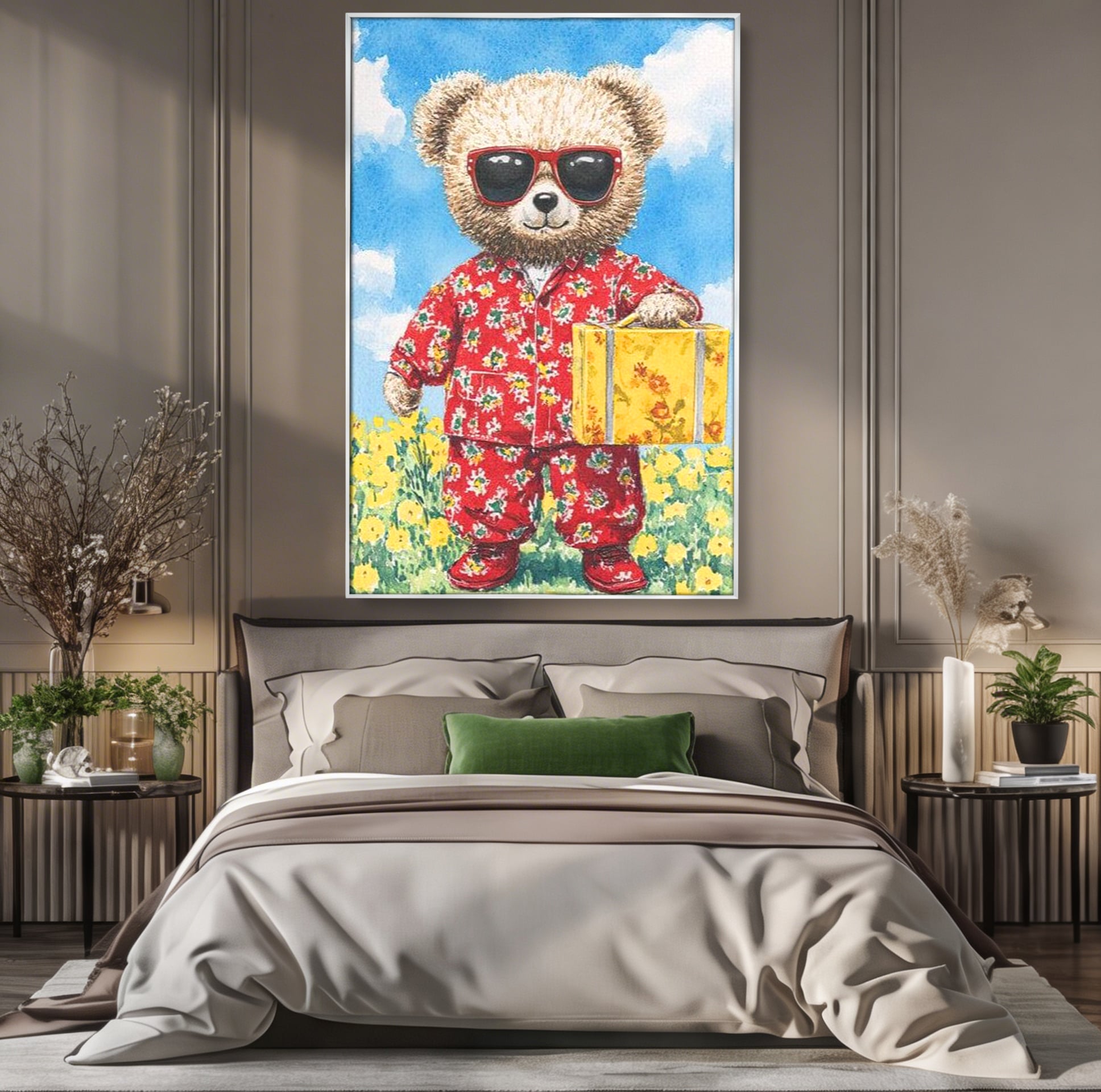 Tablou Canvas Premium, LuxCanva® K1002, Ursuletul In Vacanta, Geanta, Flori, Pijamale, Ochelari de Soare, Plus, Vacanta, Copilarie, Prieten, Aventura, Cool, Camera Copii