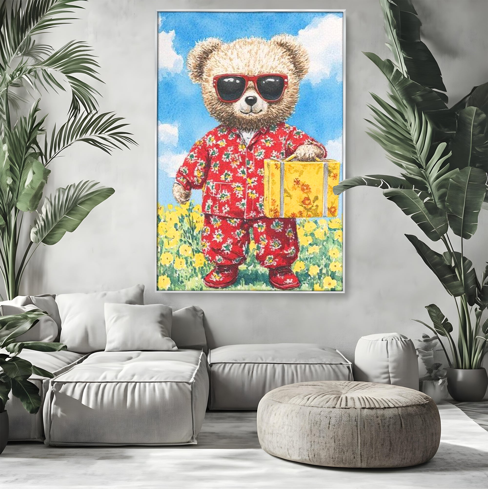 Tablou Canvas Premium, LuxCanva® K1002, Ursuletul In Vacanta, Geanta, Flori, Pijamale, Ochelari de Soare, Plus, Vacanta, Copilarie, Prieten, Aventura, Cool, Camera Copii