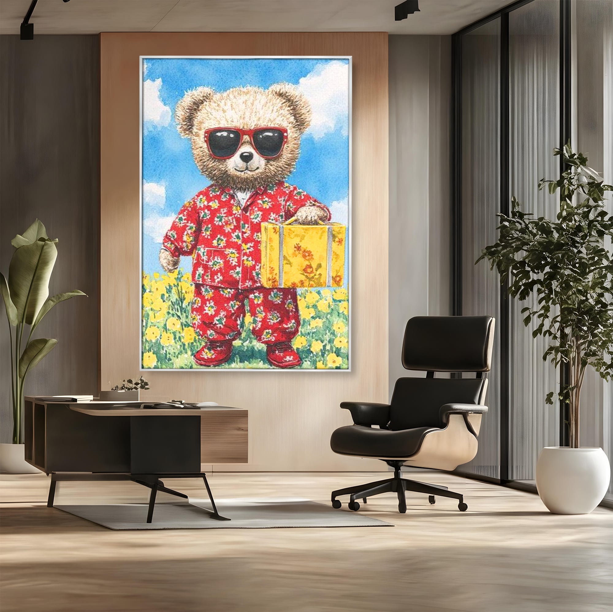 Tablou Canvas Premium, LuxCanva® K1002, Ursuletul In Vacanta, Geanta, Flori, Pijamale, Ochelari de Soare, Plus, Vacanta, Copilarie, Prieten, Aventura, Cool, Camera Copii